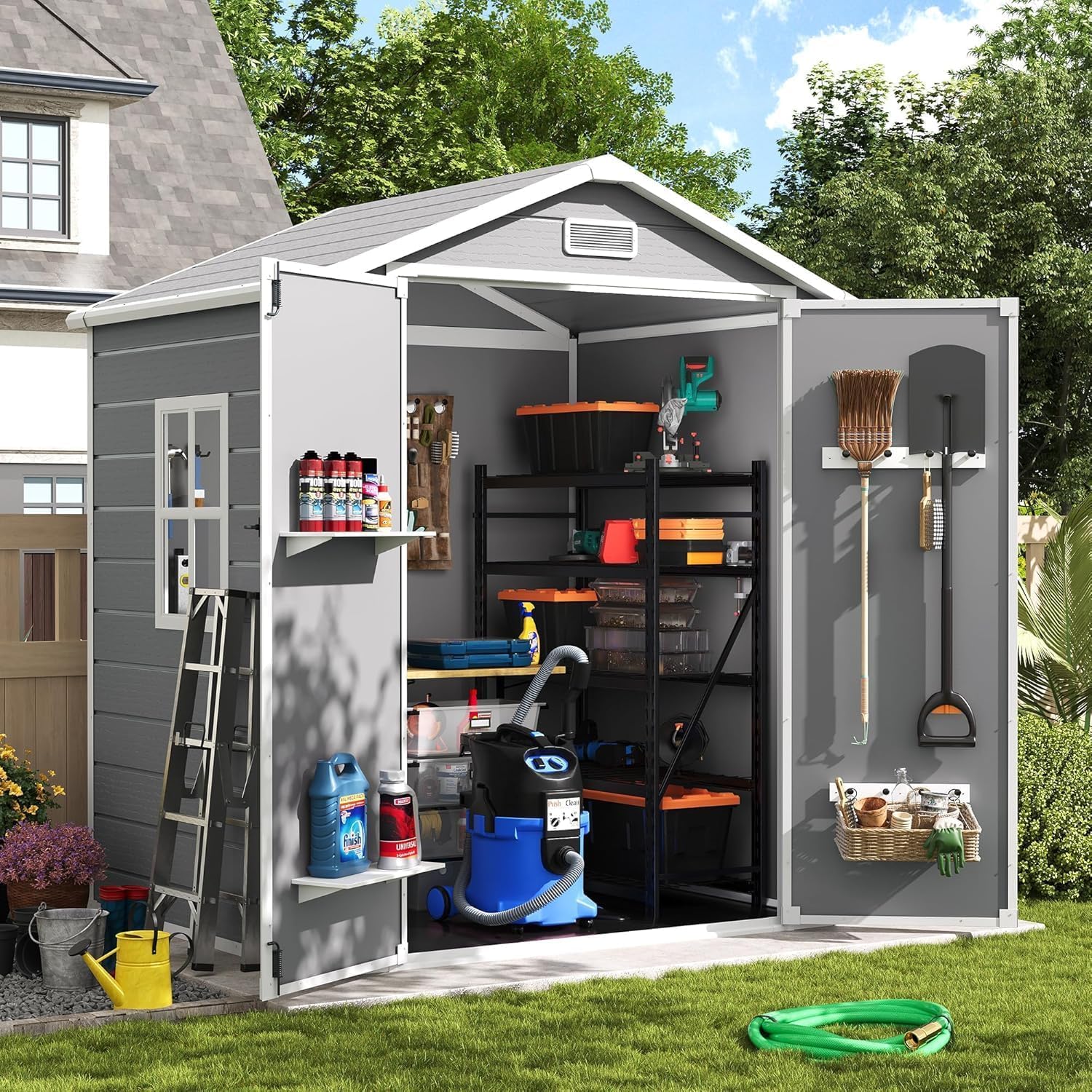 UDPATIO Abri de Jardin en Résine 12mm 184x135x210cm, 3.9 m³ - Cabane de Jardin Extérieur avec Toit Incliné Anti-Pluie, Porte Verrouillable pour Rangement Outils/Vélo (Gris)