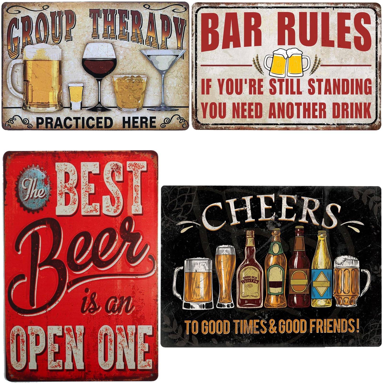 4 Pieces Bar Sign, Vintage Bar Signs for Home Bar Wall, Cheers Metal Tin Sign, for Home Bar Accessories Pub Club Garage Room Man Cave Decor Sign 8"X12"