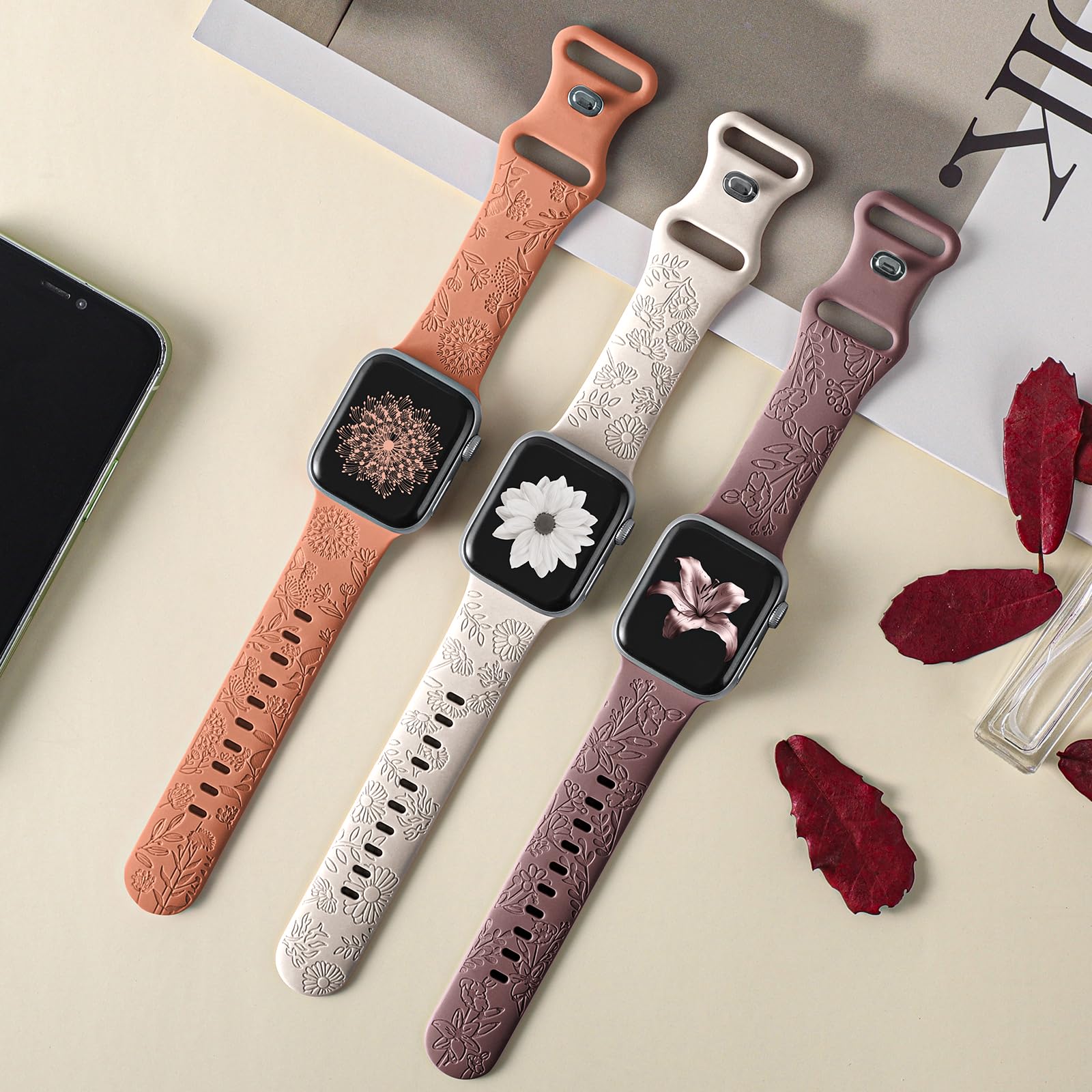 Drimobiuty 3 Pack Floral Wildflowers Engraved Pattern Silicone Bands Compatible with 38mm 40mm 41mm 42mm 44mm 45mm 49mm, Replacement Sport Strap for iWatch Series Ultra 8/7/6/5/4/3/2/1 SE Women Girls