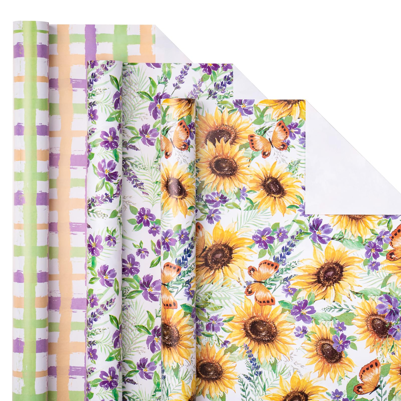 LeZakaa Floral Wrapping Paper Roll - Mini Roll - Sunflower/Purple Flower/Plaid Design for Wedding, Bridal Shower, Birthday - 17 x 120 inches - 3 Rolls