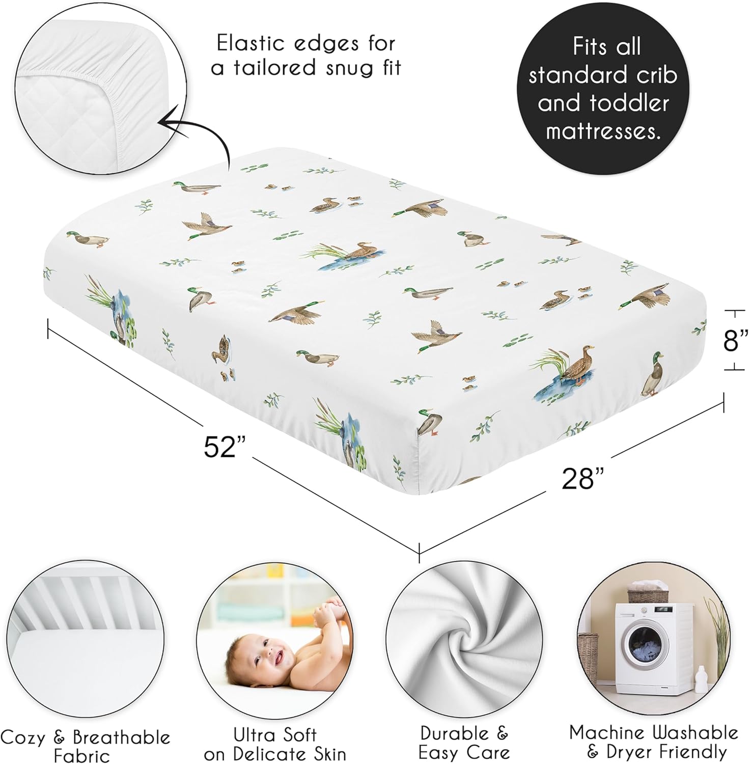 Sweet Jojo Designs Fitted Baby Crib Sheets (Mallard Duck Cottagecore) for Girls/Boys, Infant Nursery, Toddler Room - Standard Size (Watercolor Ducks, Nature, Wildlife, Pond, Lake, Ducklings Lily Pads)