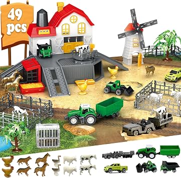 Farm Toy PlaySet, 49 Piece Barn House - 12 Animal Figurines, Tractor Truck, Fences, Play Mat , Educational Learning Toys for Kids Ages 3-12 ASTM Certified