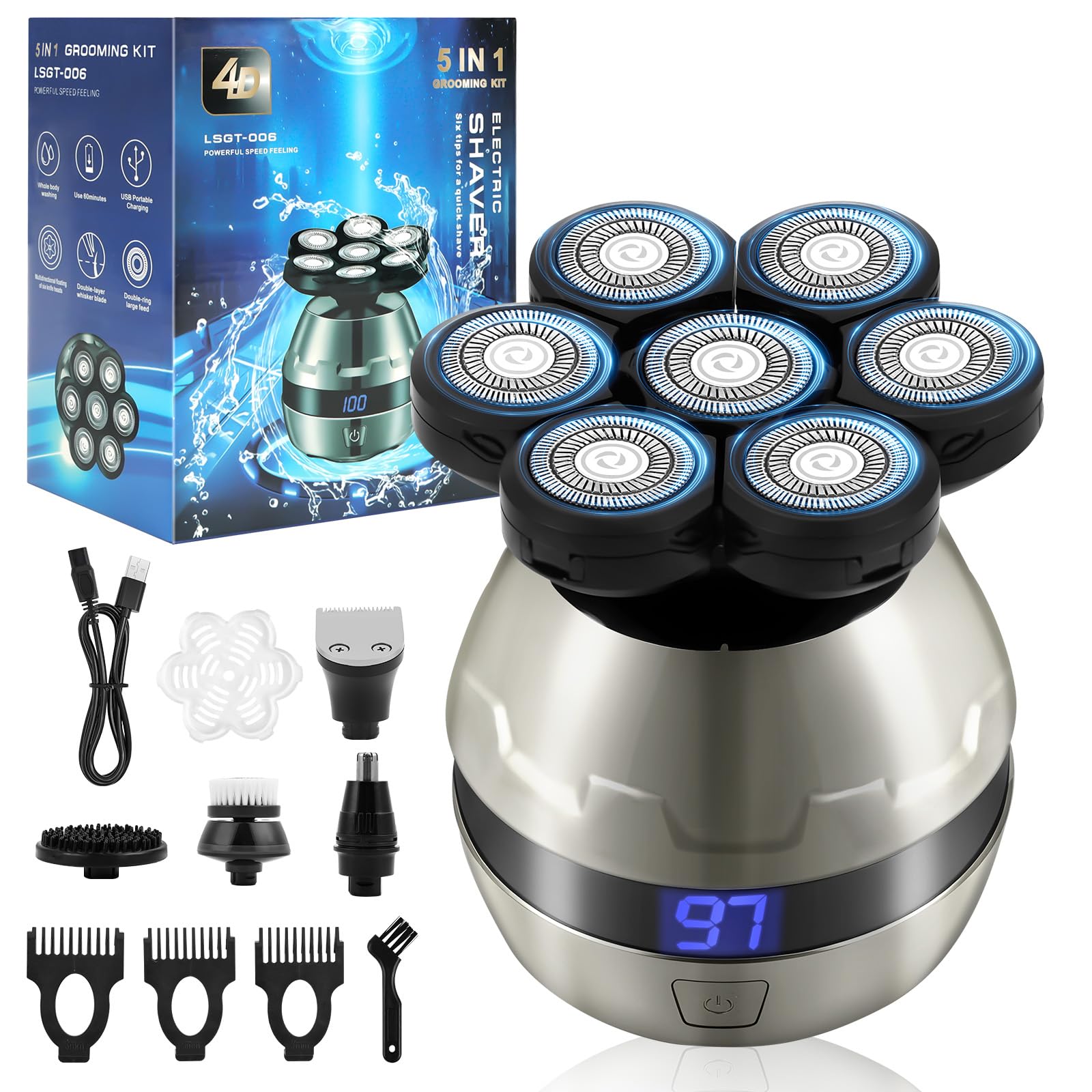 LOPHE Afeitadora Cabeza Hombre, 4D Maquina Afeitar Hombre Calvo, Afeitadora Electrica Cabeza para Calva Facial Barba, 7 Cabezales y Pantalla LED, IPX6 Impermeable en Seco y Húmedo Recargable (8 en 1)