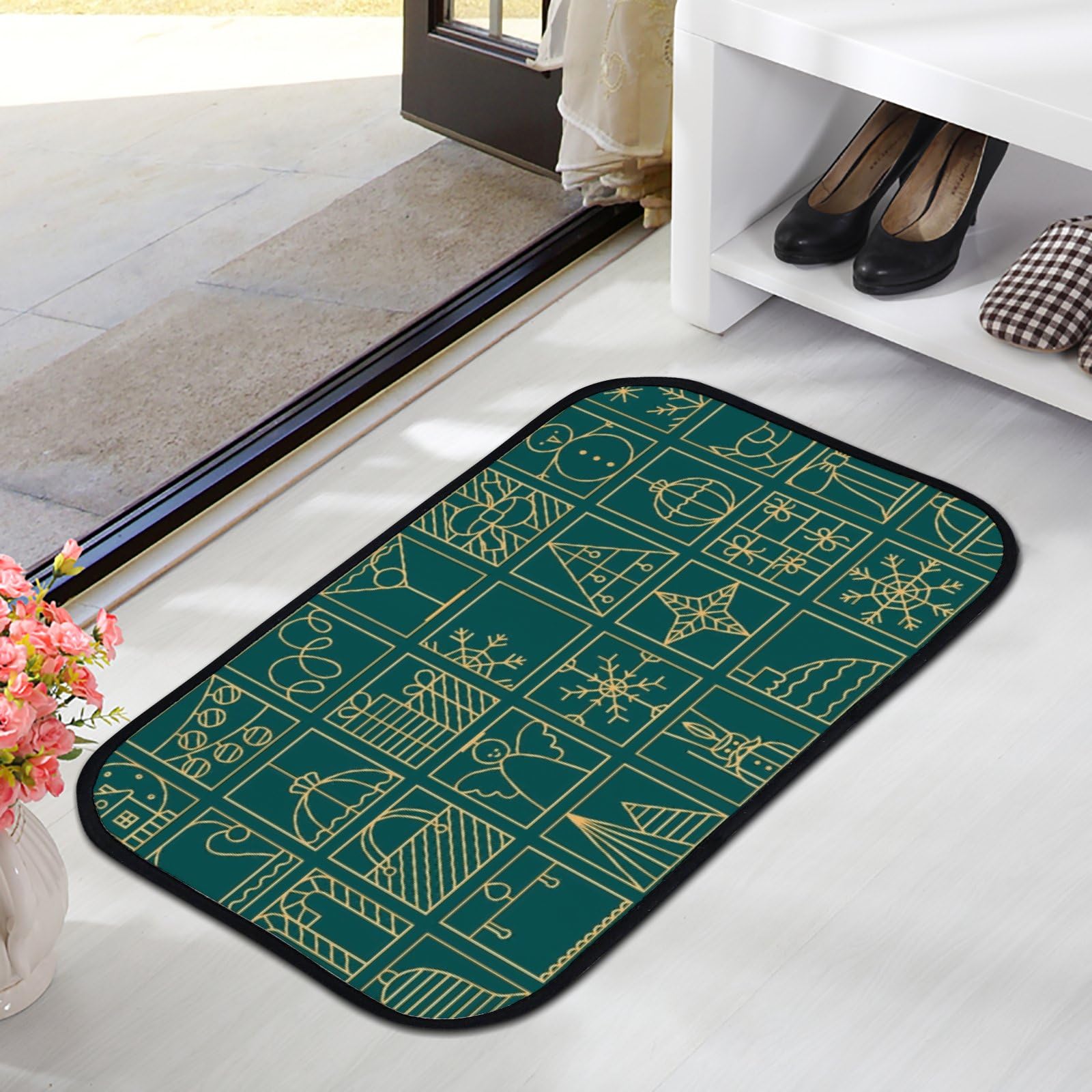 Nuansexi Bathroom Rugs Line Christmas Elements Green Floor Mats Non Slip Bathmat Doormat Tub Mat Coral Velvet Absorbent Entrance Carpet Mats Machine Washable Bedroom Decor