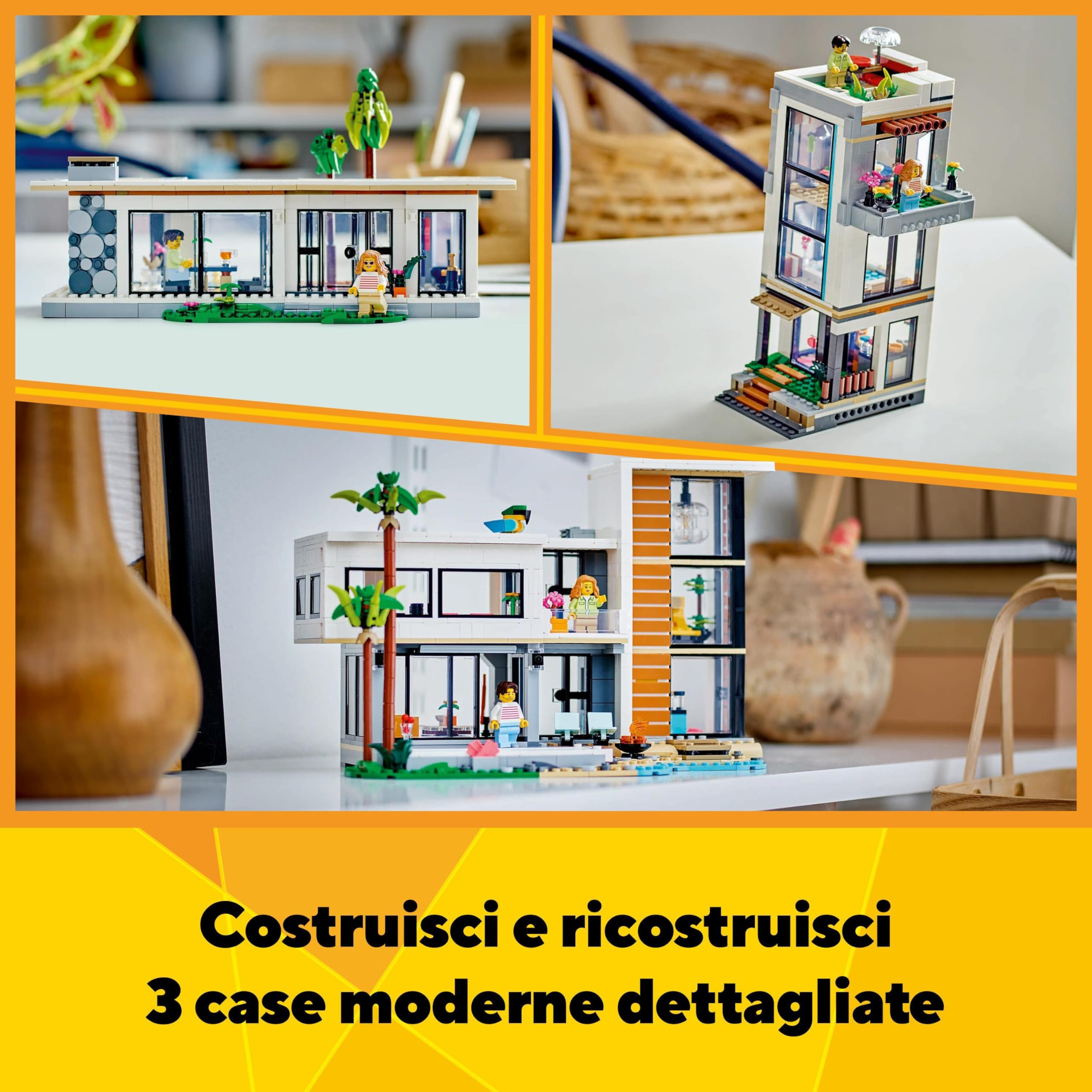 LEGO Creator 3 in 1 Casa Moderna, Modellino da Costruire di Casa da Spiaggia Trasformabile in Edificio Urbano a 3 Piani o Baita, Giochi per Bambini e Bambine da 9 Anni, Idea Regalo di Compleanno 31153