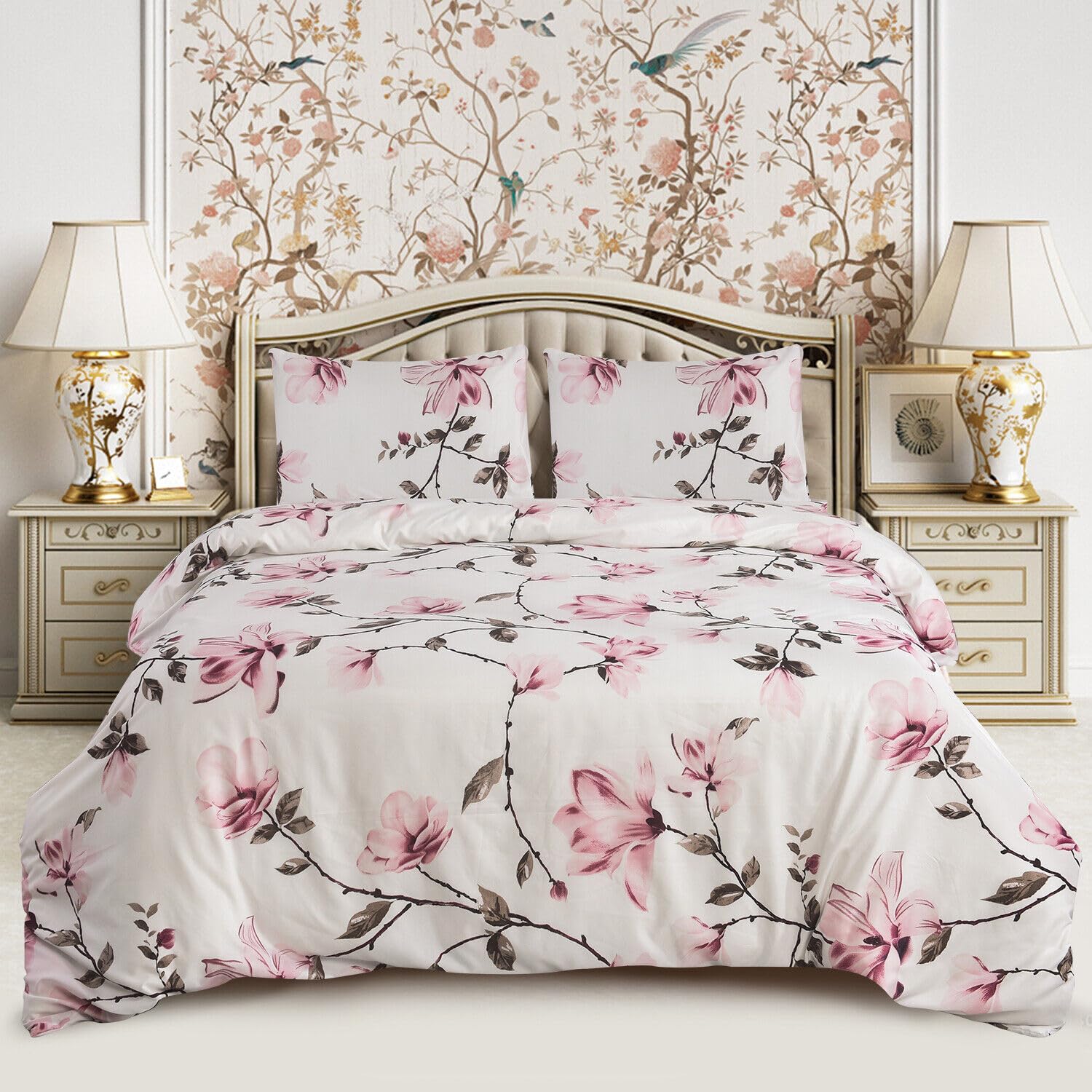 BOSKI LONDON 4 Piece Printed Bedding Set – Microfiber Duvet Cover, Fitted Sheet 25cm Deep Pocket & Pillowcases | Soft Quilt Cover Set Single Double King Super King (Spring Pink, DOUBLE)