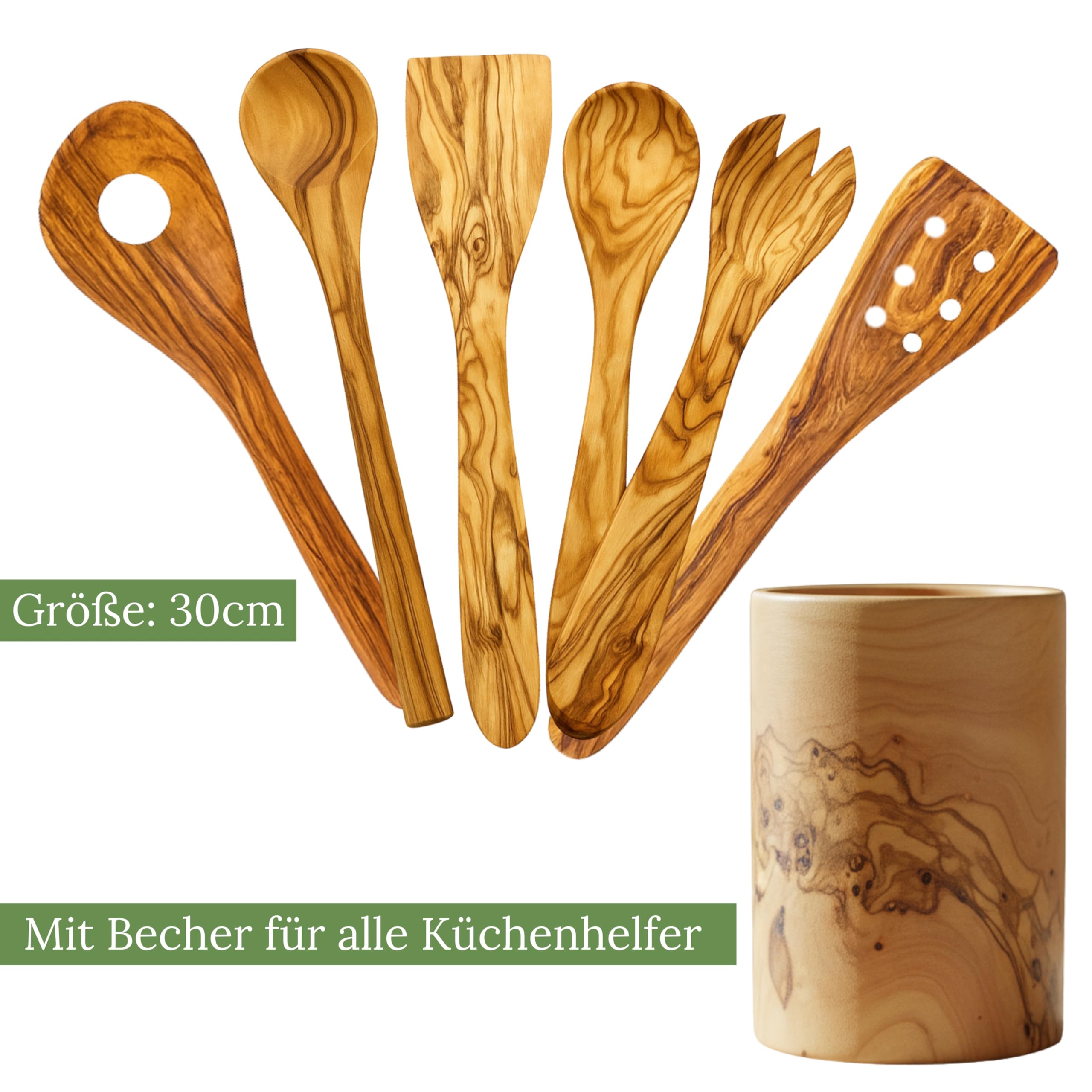 Küchenhelfer-Set mit Utensilienbecher, 7-teilig, Olivenholz, Küchenutensilien inkl. Salatbesteck, Pfannenwender, Kochlöffel, Risottolöffel, 30 cm