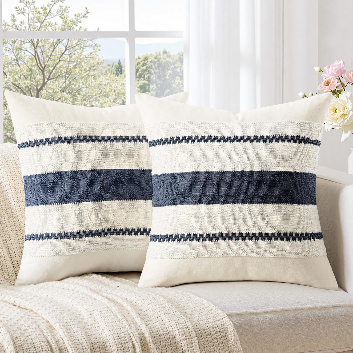 woaboy set of 2 decorative pillow covers boho farmhouse couch throw pillows modern cotton cushion covers macrame woven spring home decor for bed sofa chair 18x18 inch navy blue 18" x 18" (pack of 2) navy blue