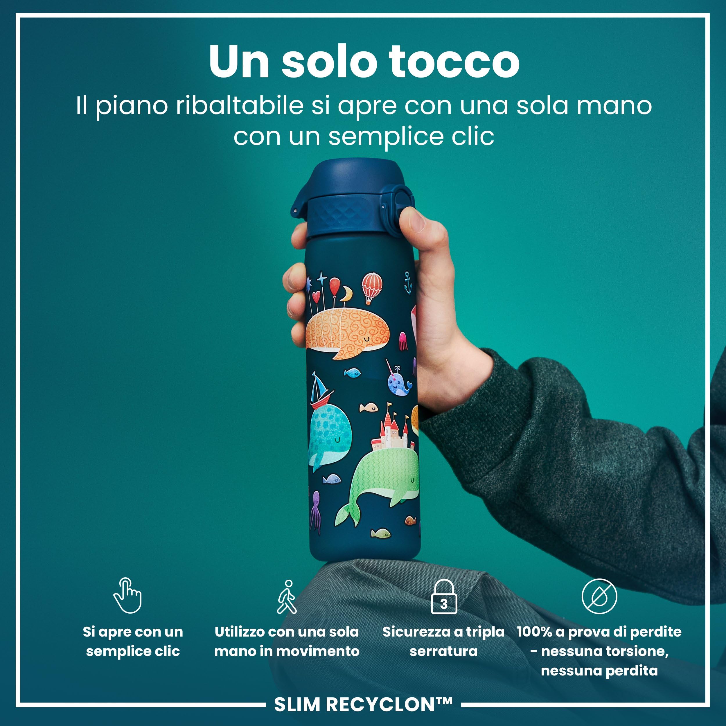 Ion8 Borraccia a Prova di Perdite, 500ml, Facile da Aprire, Serratura Sicura, Lavabile in Lavastoviglie, Senza BPA, Maniglia per il Trasporto, Adatta a Portabicchieri, Facile Pulizia, Balene