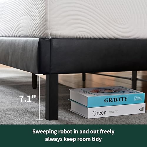 Miniatura 6 de TOYABR Base de cama tamaño King con cabecero, cama King de metal envolvente de cuero, barra de acero inferior para prevención de ruido, no necesita