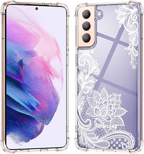 KIOMY Funda transparente con diseño de encaje para Samsung Galaxy S21 5G, Slim Fit Sparkle Fashion Flower Back Cover para niñas y mujeres,