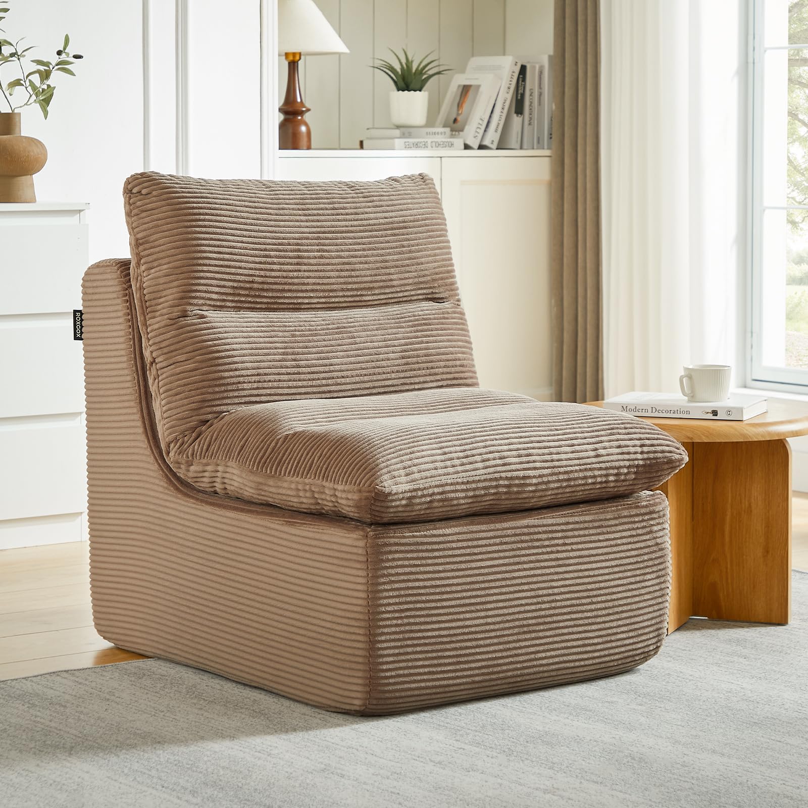 ROXGOX Boneless Chair Fireplace Lounge Chair for Adults, Memory Foam Reading Chair Bean Bag Sofa for Living Room, Bedroom, Gaming Reading, No Assembly Required Brown