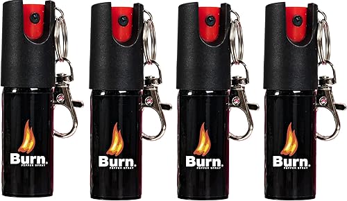 Burn Llavero de spray de pimienta para mujeres y hombres, autodefensa, fuerza máxima de 12 oz, con clip, color negro, paquete de 4