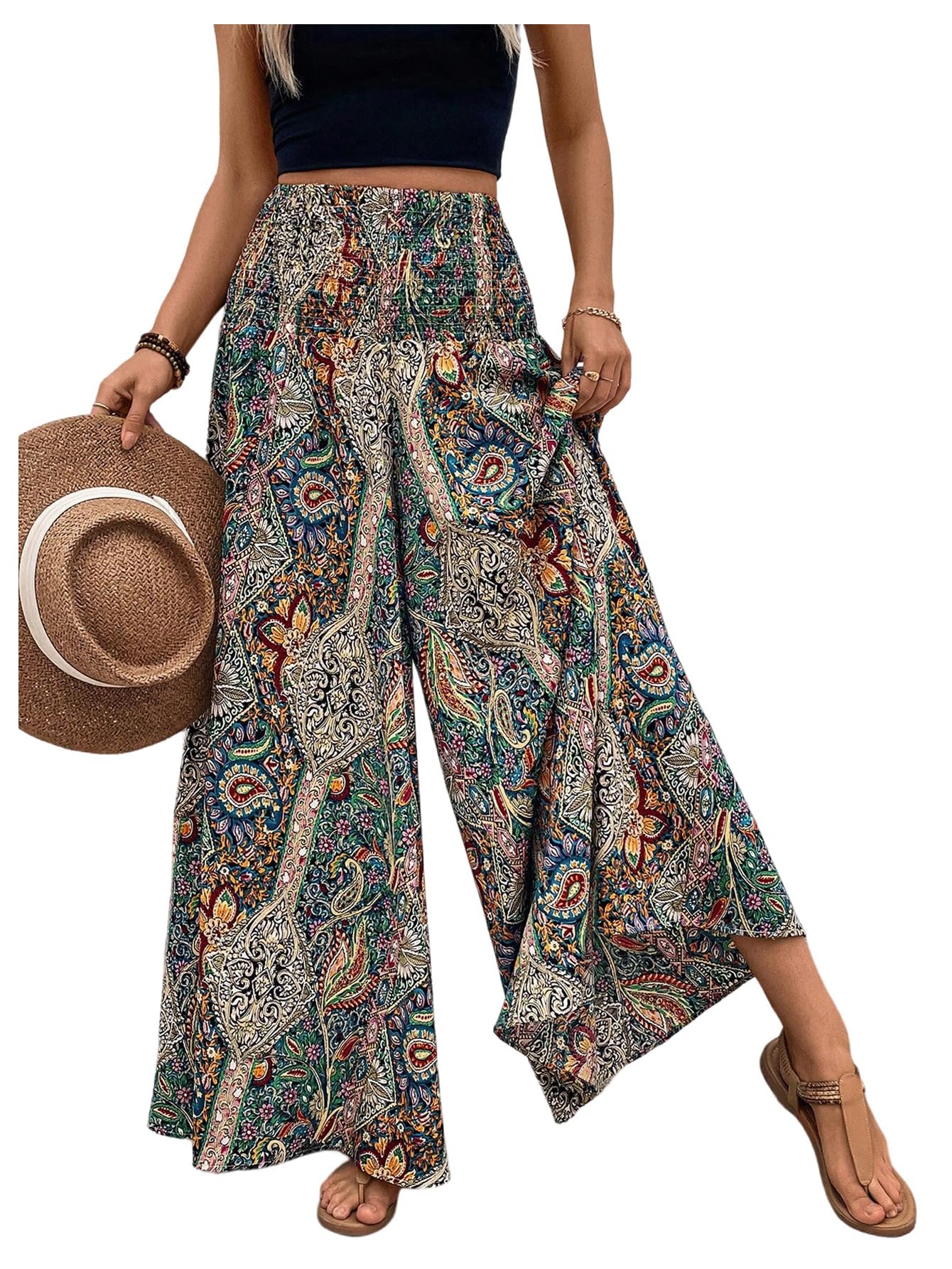 Verdusa Womens Boho Paisley Baggy Pants Shirred High Rise Wide Leg Long Trousers