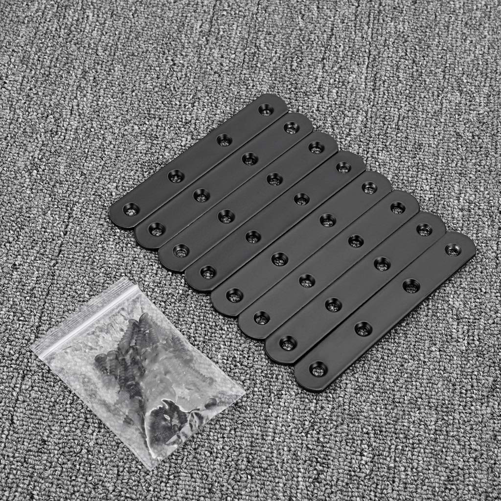 HARSKIYER 8-Pack 5 Inch Stainless Steel Straight Brackets – Black Flat Mending Plates With Screws And Screwdriver For Furniture Repair