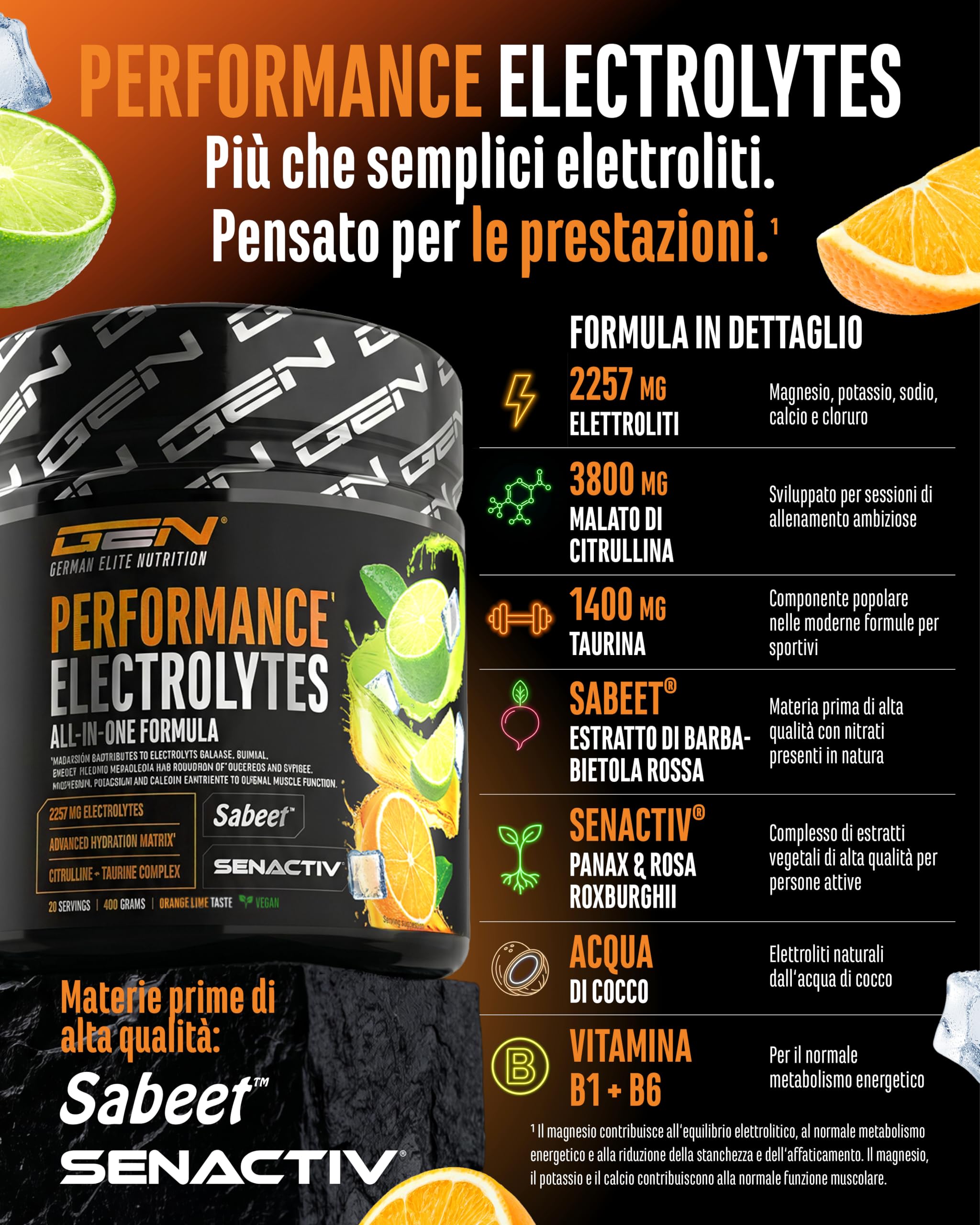 Performance Electrolytes - 400 g (20 Porzioni) - Advanced Hydration Matrix con Sodio, Potassio, Magnesio, Calcio e Cloruro - con Citrullina e Taurina - Senza Zucchero - Vegano - Gusto Arancia Lime