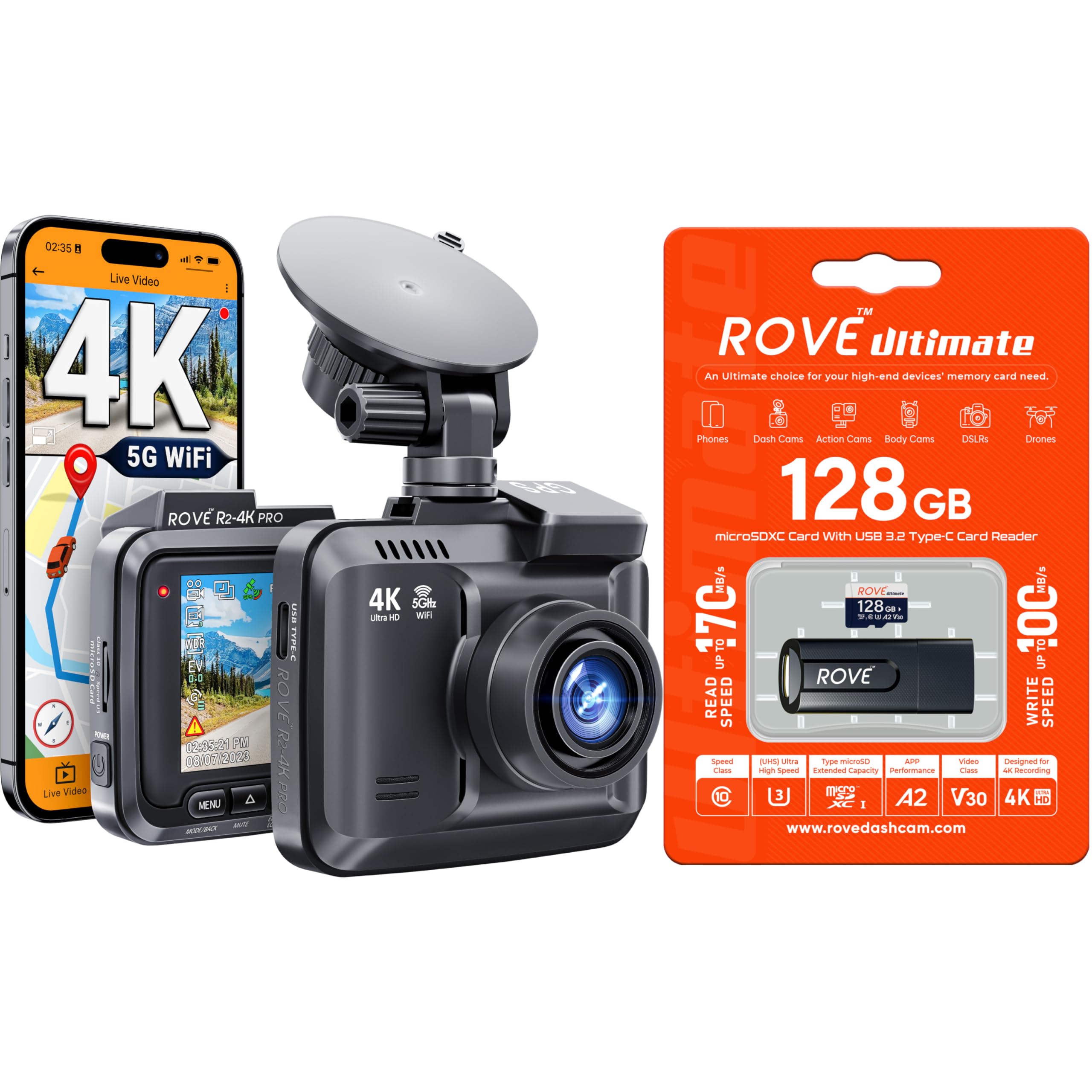ROVE R2-4K PRO Dash Cam 128GB Micro SD Card