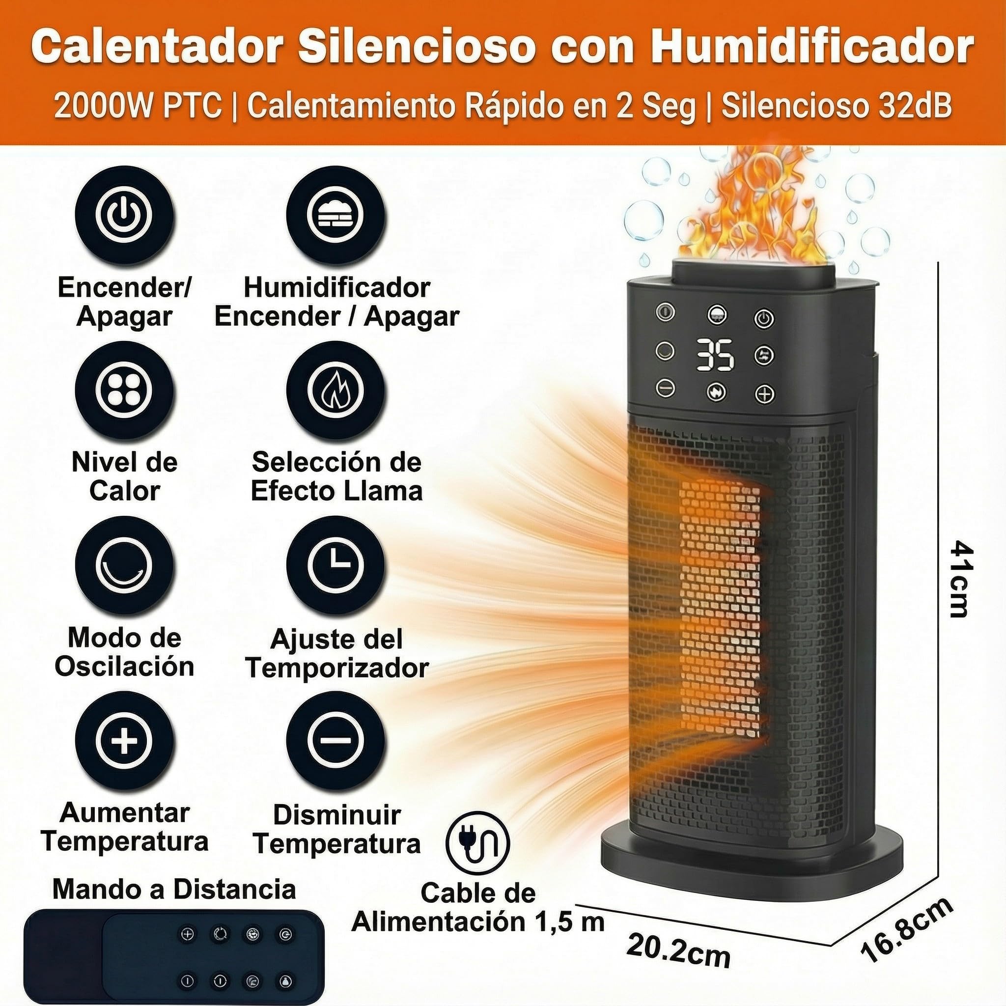 Eléctrico Cerámico 2000W, Bajo Consumo y Silencioso, 3 Niveles de Potencia, Temporizador, Función Frío y Calor, Protección contra Sobrecalentamiento y Humidificador, para Oficina, Salón