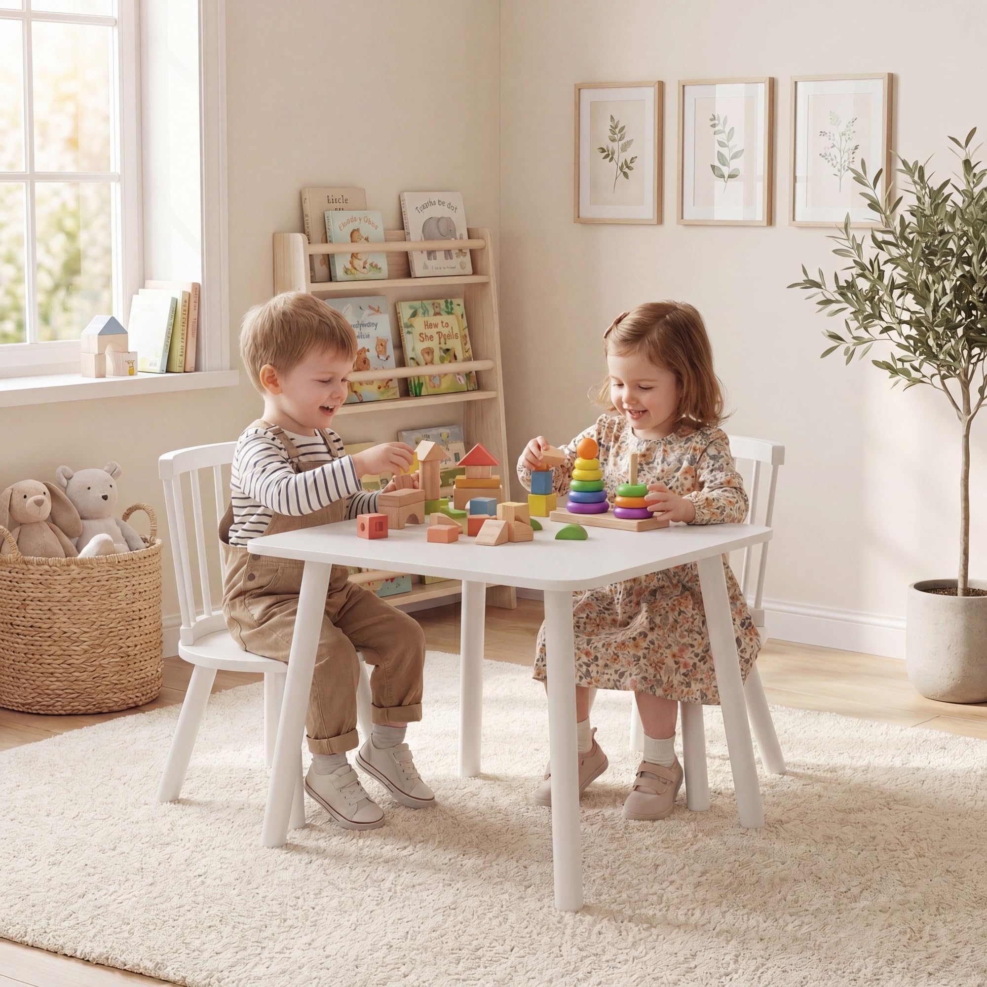 LIFEZEAL Kindertisch mit 2 Stühlen, 3-teilig Kindersitzgruppe für Jungen & Mädchen, Sitzgruppe Kinder Holz, Kinder-Tisch-Stuhl Set Kindermöbel Sitzgruppe für Kinderzimmer, Kindergärten (Weiß)
