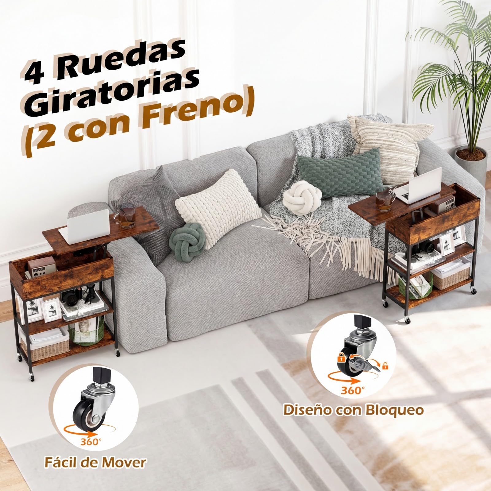 COSTWAY Mesa Auxiliar con Tapa Elevable y Estación de Carga, Mesa de Escritorio con Ruedas, Compartimento Oculto y Estantes, Mesita de Noche para Sofá, Salón y Dormitorio, 60x24x67,5 cm, Industrial