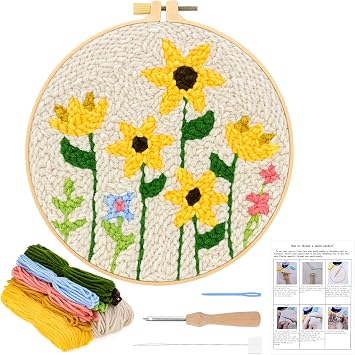 JSRQT DIY Punch Needle Kit Crafts for Adults Cute Embroidery Kit for Beginners with Hoops Rug Hooking for Crafts Punch Needle Starter Kit with Sunflower Pattern Instructions Gift