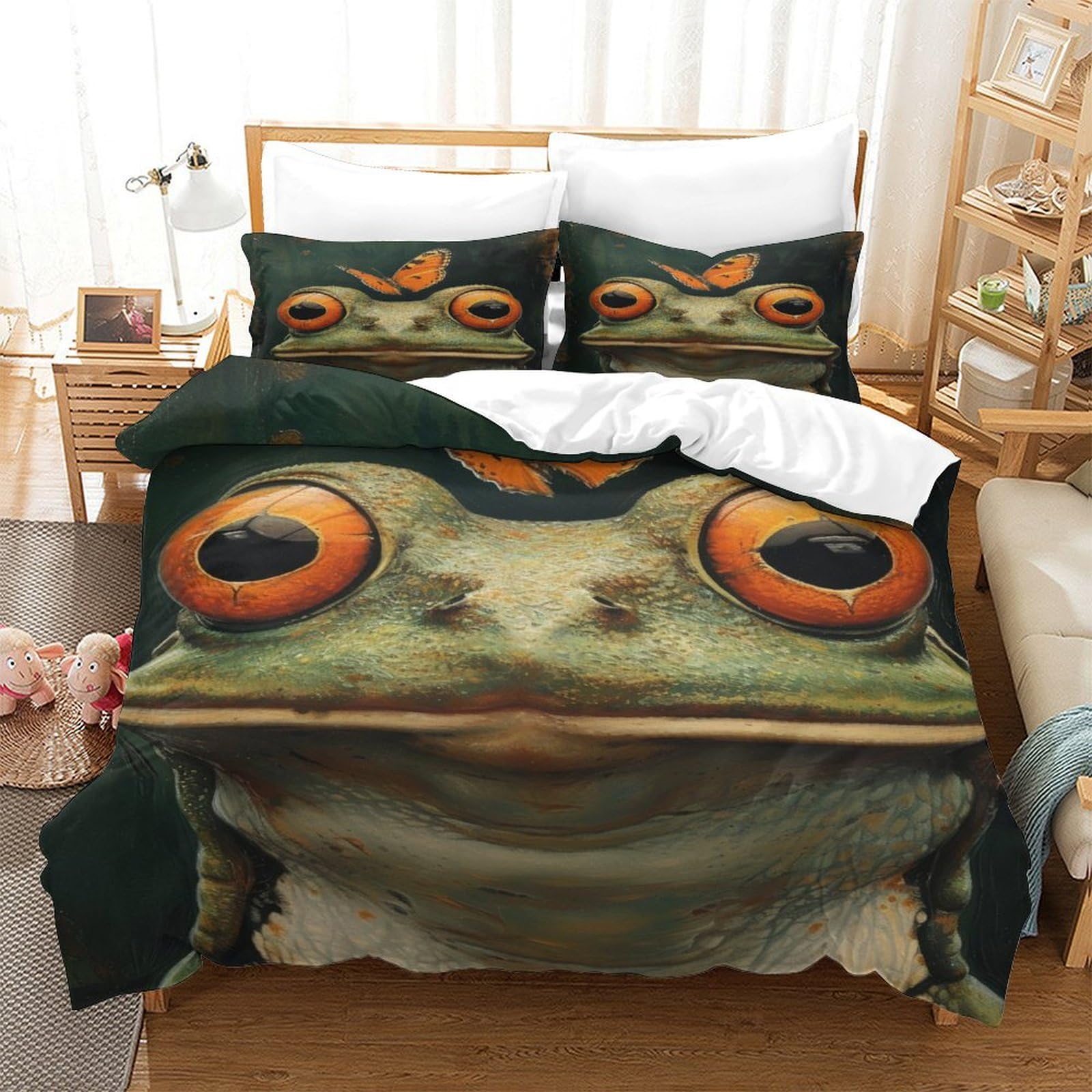 P1S9U7W5Y Novelty Frog 3D Printed Microfiber Duvet Cover Set 3 Pieces Animal Bedroom Decor Soft Breathable Bedding Set for Adults Single（140x200cm）