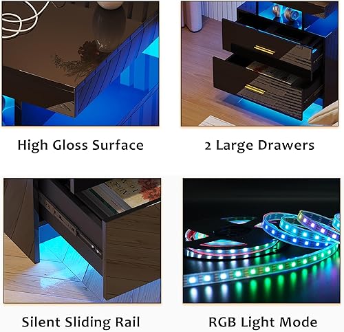 Miniatura 7 de Mesita de noche LED RGB con estación de carga inalámbrica, mesita de noche blanca con parte superior de vidrio glamoroso y 2 cajones, mesa de noche