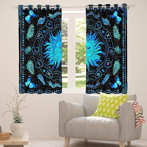 Miniatura 3 de Erosebridal Cortinas opacas de sol y luna con purpurina y estrellas, cortinas y cortinas hippie del zodiaco, 104 pulgadas de ancho x 63 pulgadas de