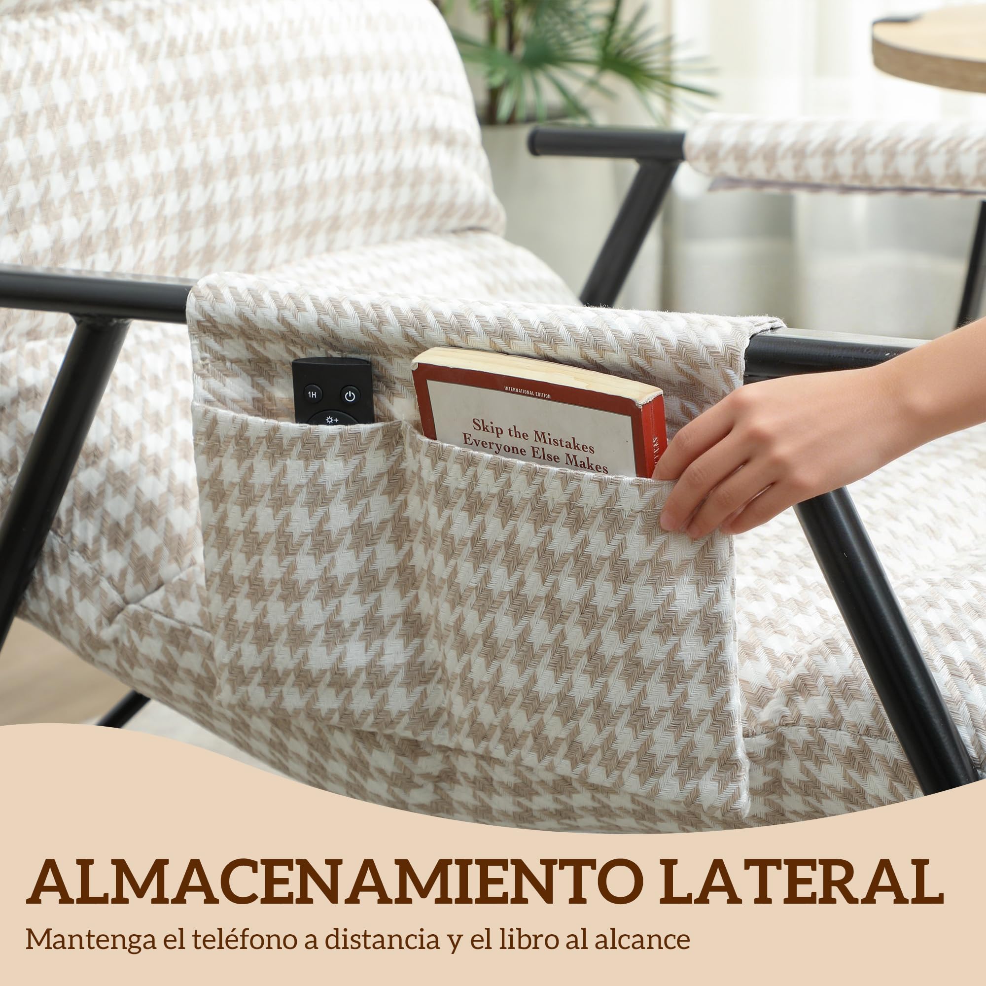 HOMCOM Silla Mecedora con Respaldo y Reposapiés Ajustables, Mecedora Sillón Balancín 105°, Tapizada en Lino, con Bolsillo Lateral y Marco de Metal, Carga 120 kg, para Dormitorio, Salón, Gris y Blanco