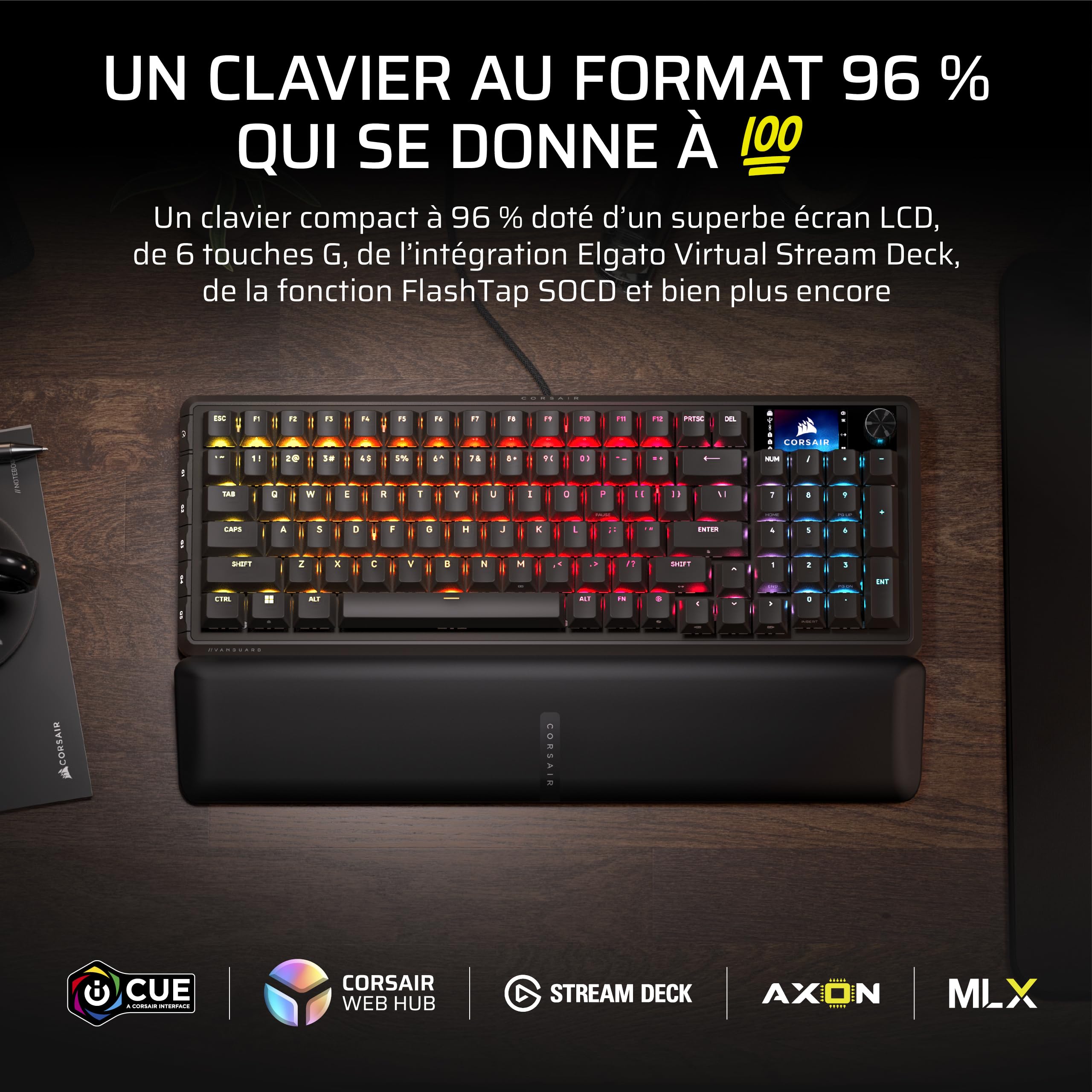 Corsair Vanguard 96 Clavier de Jeu Mécanique Filaire – Noir | 96%, MLX Plasma Commutateurs, Interrogation 8 000 Hz, Rapid Trigger, Stream Deck Virtuel, SOCD Flashtap