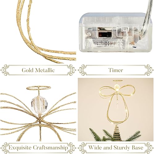 Miniatura 4 de Valery Madelyn Decoración para árbol de Navidad iluminado con temporizador, adorno de ángel pequeño de metal dorado preiluminado de 12 pulgadas