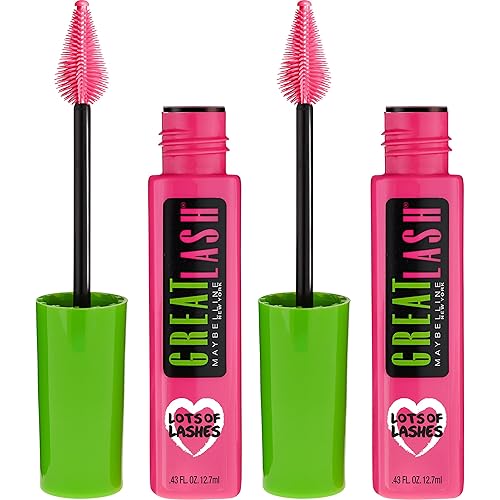 Maybelline New York Great Lash Lots Of Lashes Washable Mascara Makeup, Blackest Black, 2 Count