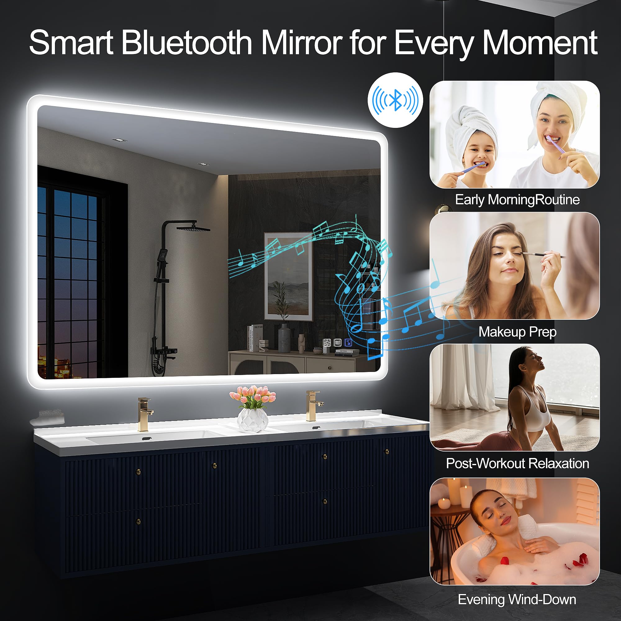 S'bagno 100 x 70 cm Specchio Bagno con Luce, Specchio Retroilluminato Bagno con sistema di oscuramento e cambio colore antiappannamento, Specchio LED Bagno with con altoparlante bluetooth