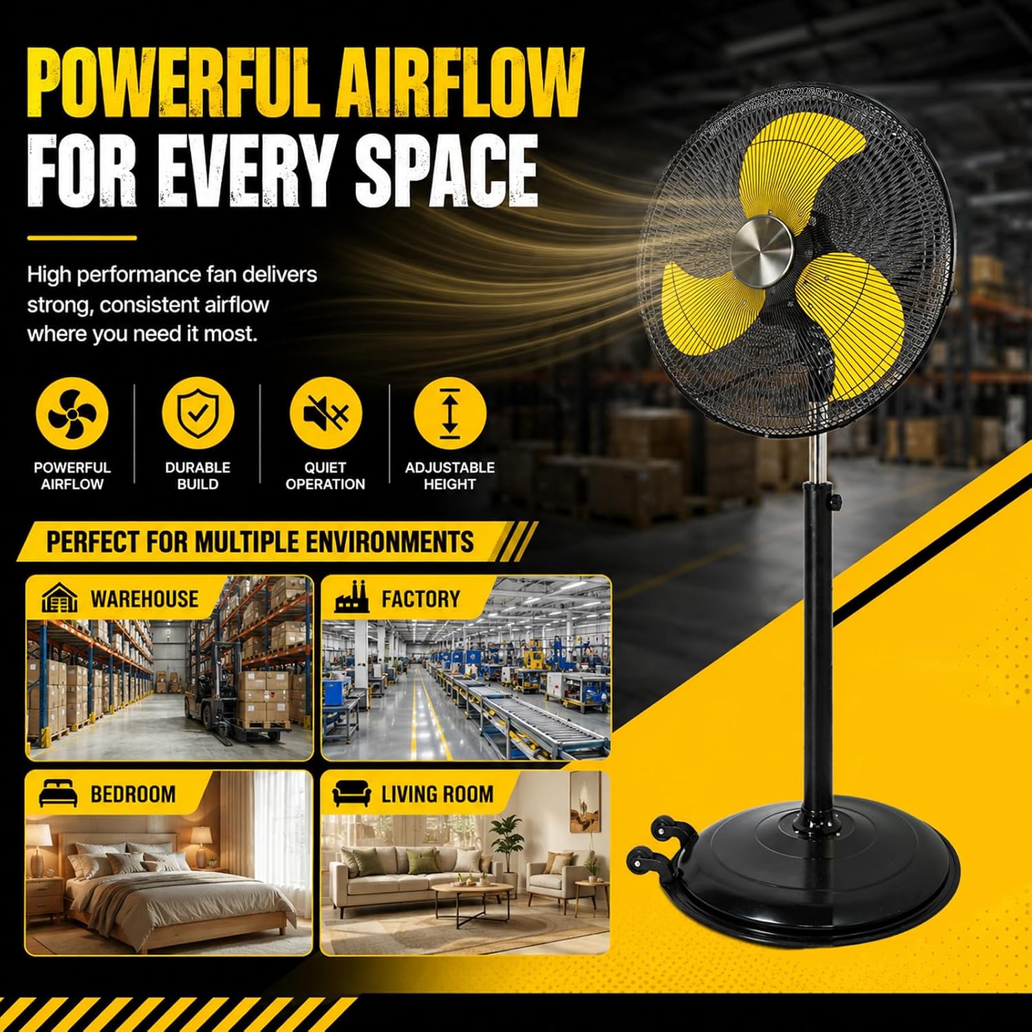 HiCFM 22in Powerful Pedestal Fan, 9 Speeds with 3 modes, 80° Oscillating and 60° Tilting Design, Adjustable Height Stand Fan with Wall Mounted Bracket for Garage, Warehouse, Industrial and Commercial