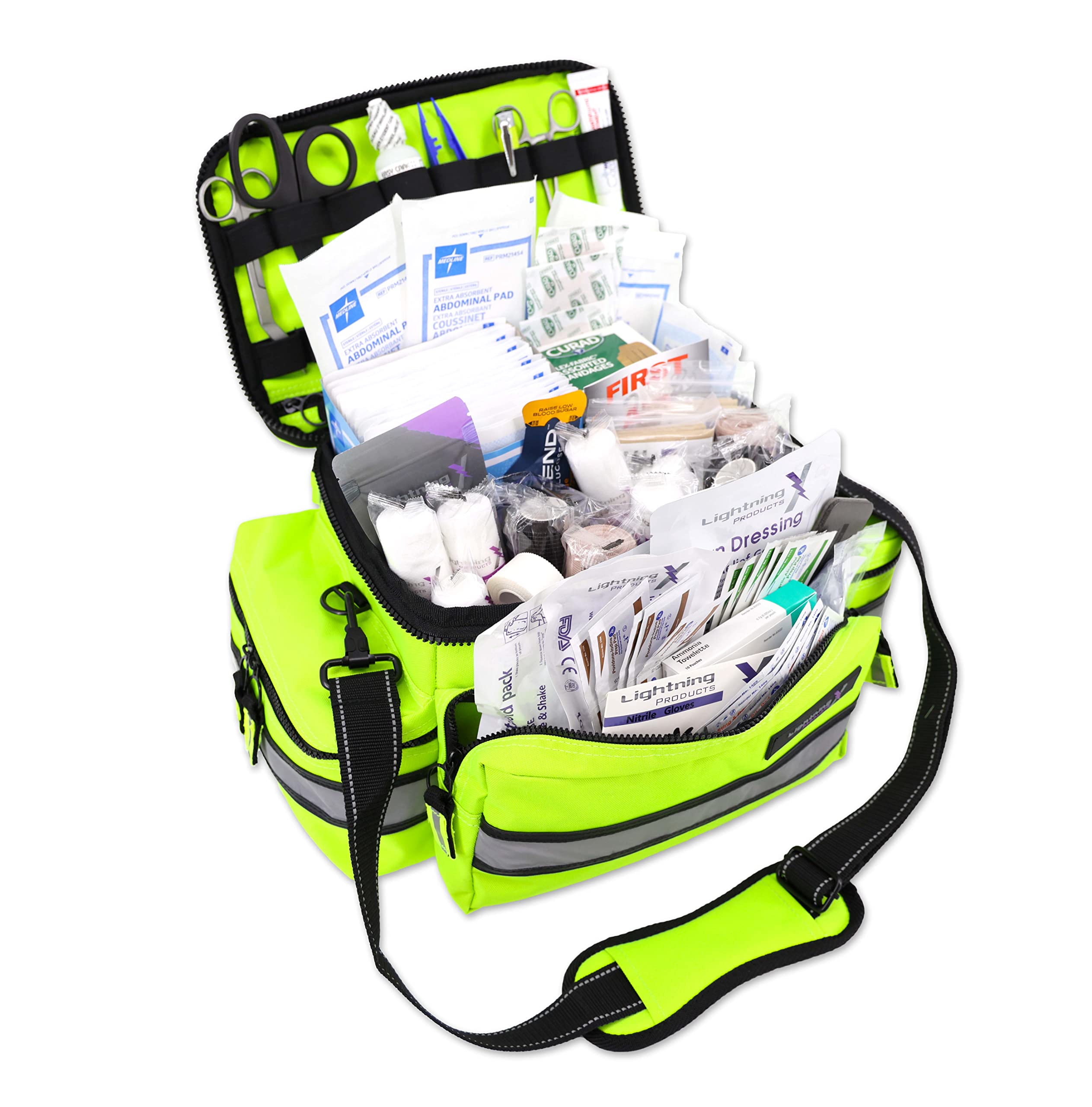 Lightning X Products Lightning X Mid-Sized First Responder EMT Bag | LXMB25 Fully Stocked Aid Kit w/ 200+ BLS Supplies - Fluorescent Yellow