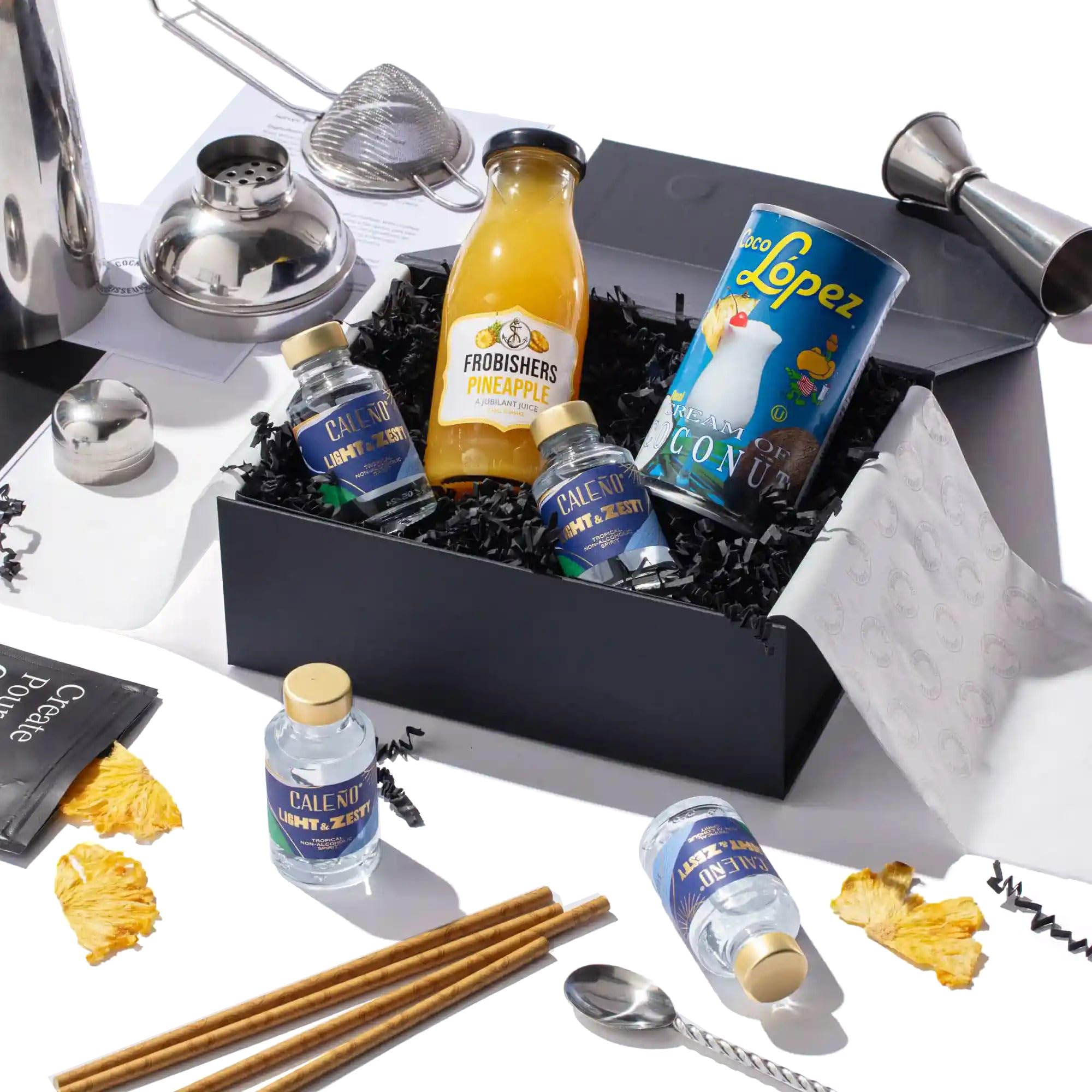 Pina Colada Gift Set with Beginner Bar Equipment - 4 Premium Cocktails | Includes Ingredients, Recipe & Tutorial Videos | Luxury Rum Gift Box | Ideal Alcohol Gift | Cocktail Connoisseurs