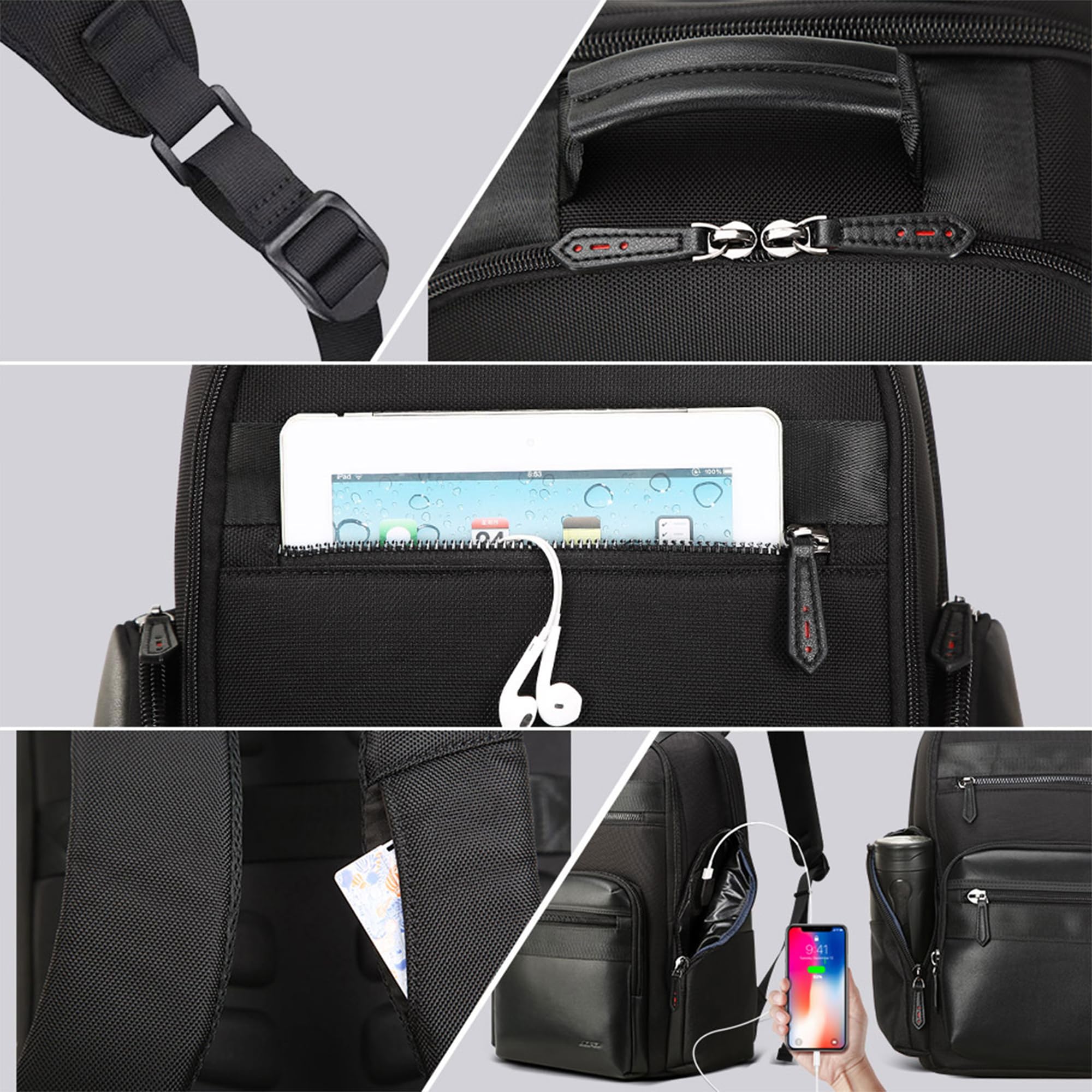 Mochila de viaje de 30L para hombre, mochila de negocios para laptop de 15.6 pulgadas con carga USB, mochila resistente al agua, color negro 4