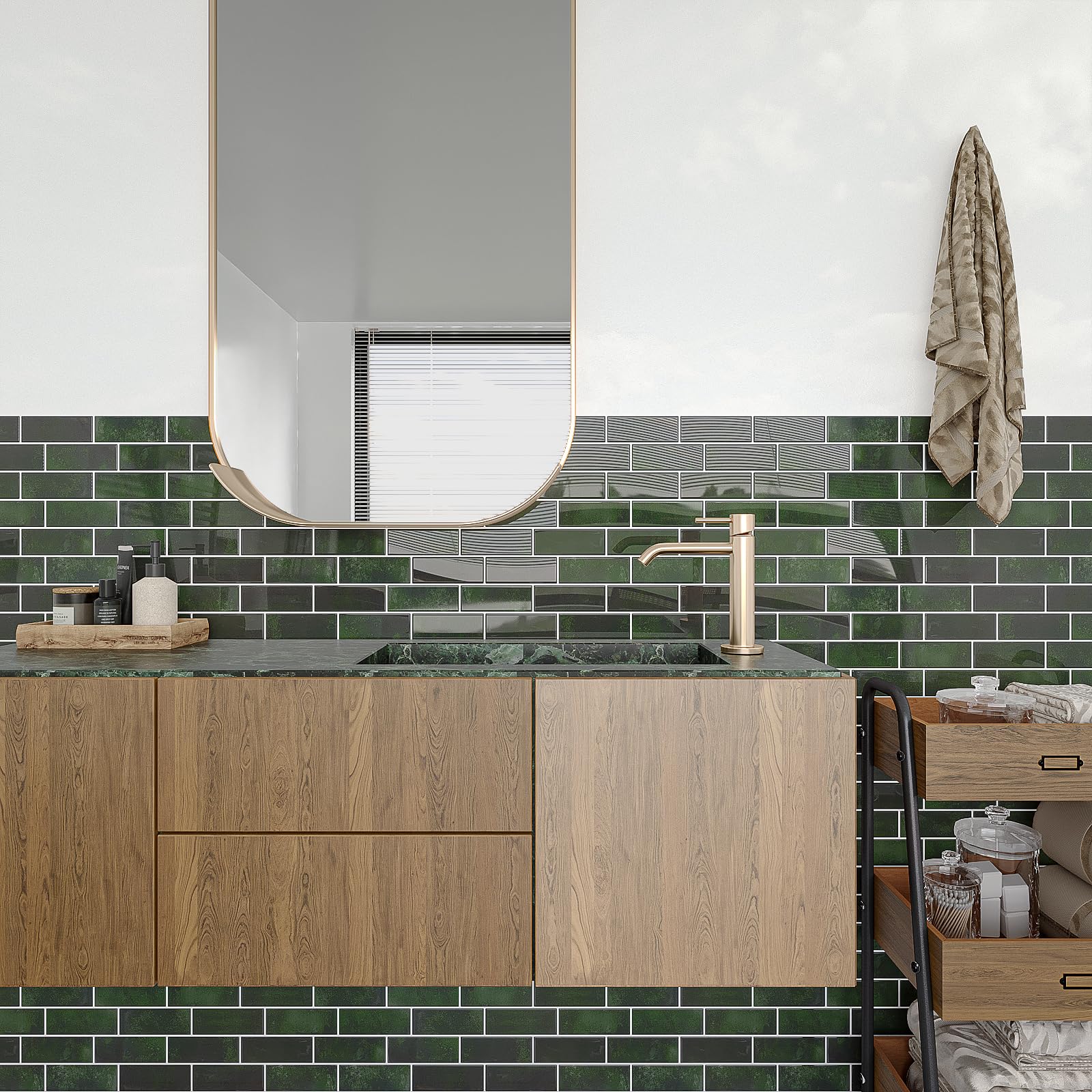 VEELIKE Azulejos Adhesivos Baño Rectángulos Verde Oscuro 3D Baldosas Adhesivas Pared Cocina Vinilos Baño Impermeable Azulejos Vinilo Adhesivo Cocina Pegatinas de Baldosas 30.5cm×30.5cm 24 Piezas