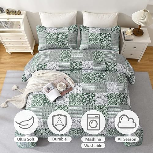 Miniatura 10 de Mybedsoul Juego de edredón de color caqui, juego de ropa de cama tamaño King, 3 piezas de retazos florales de retazos reversibles para todas las