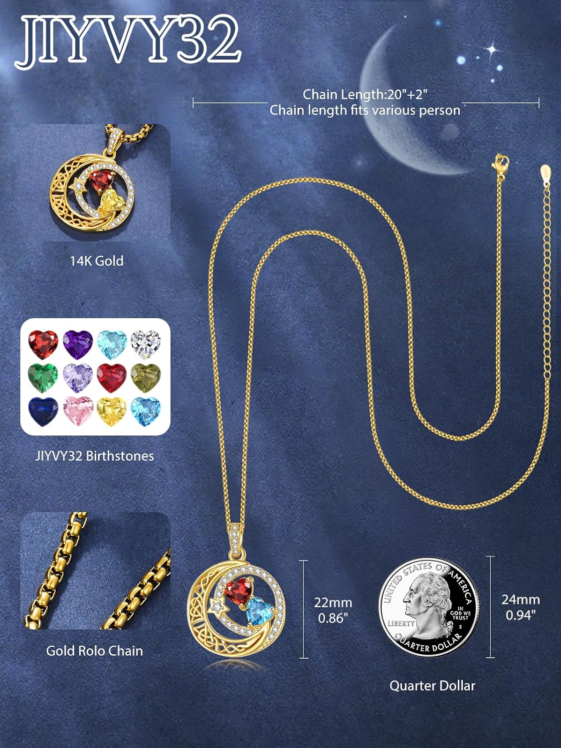 14K Gold Moon and Star Double Birthstone Necklace Gifts for Women - 2 Heart Birthstone Necklace,Valentines Wedding Anniversary Birthday Gifts for Her Wife Mom Daughter Grandma Sister - Image 5