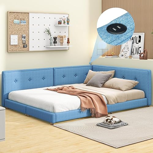 Miniatura 7 de SOFTSEA Marco de sofá cama simple para sala de estar, sofá cama tapizado de tamaño matrimonial con colchón de funda de lino, respaldo y Beige,Beige