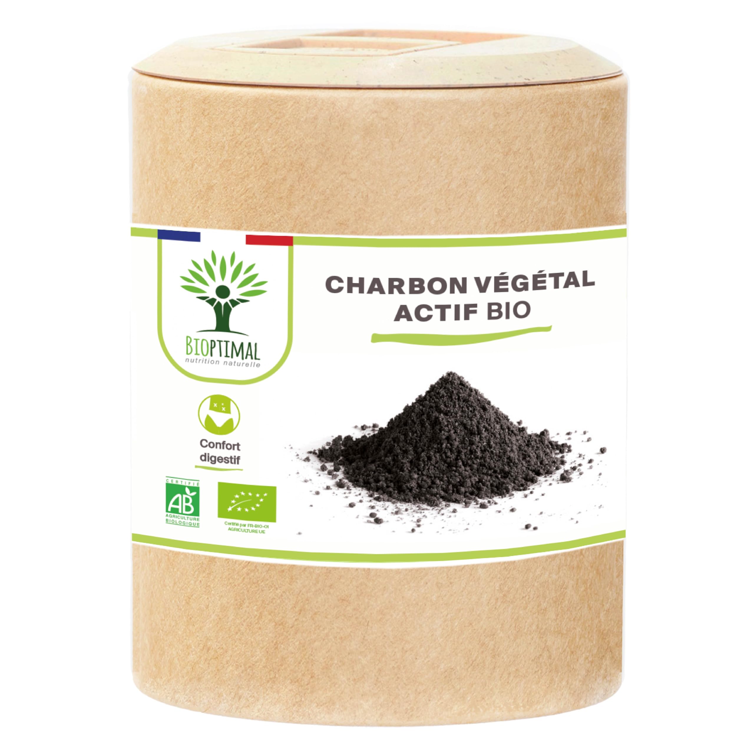 Charbon Végétal Actif - Bioptimal - Complément Alimentaire - Ventre Plat Digestion Anti-Ballonnement Gaz - 150 mg de Poudre Active Pure par Gélule - Fabriqué en France - Certifié Ecocert - 200 gélules