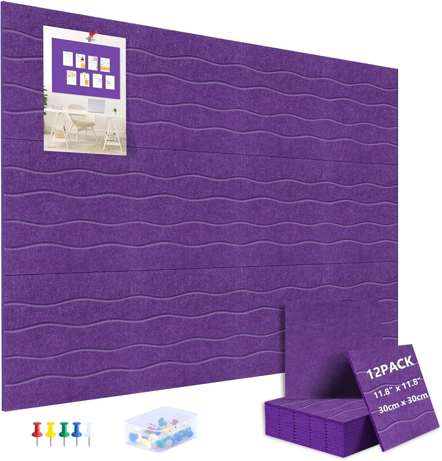 AKONEGE Felt Bulletin Board Tiles 12 Pack, 48" x 36" Cork Board Alternative, DIY Pin Board Wall Tiles for Photo Wall, Vision Board, Dorm Room & Home Office Decor, Stick-On with Adhesive Tabs, Violet