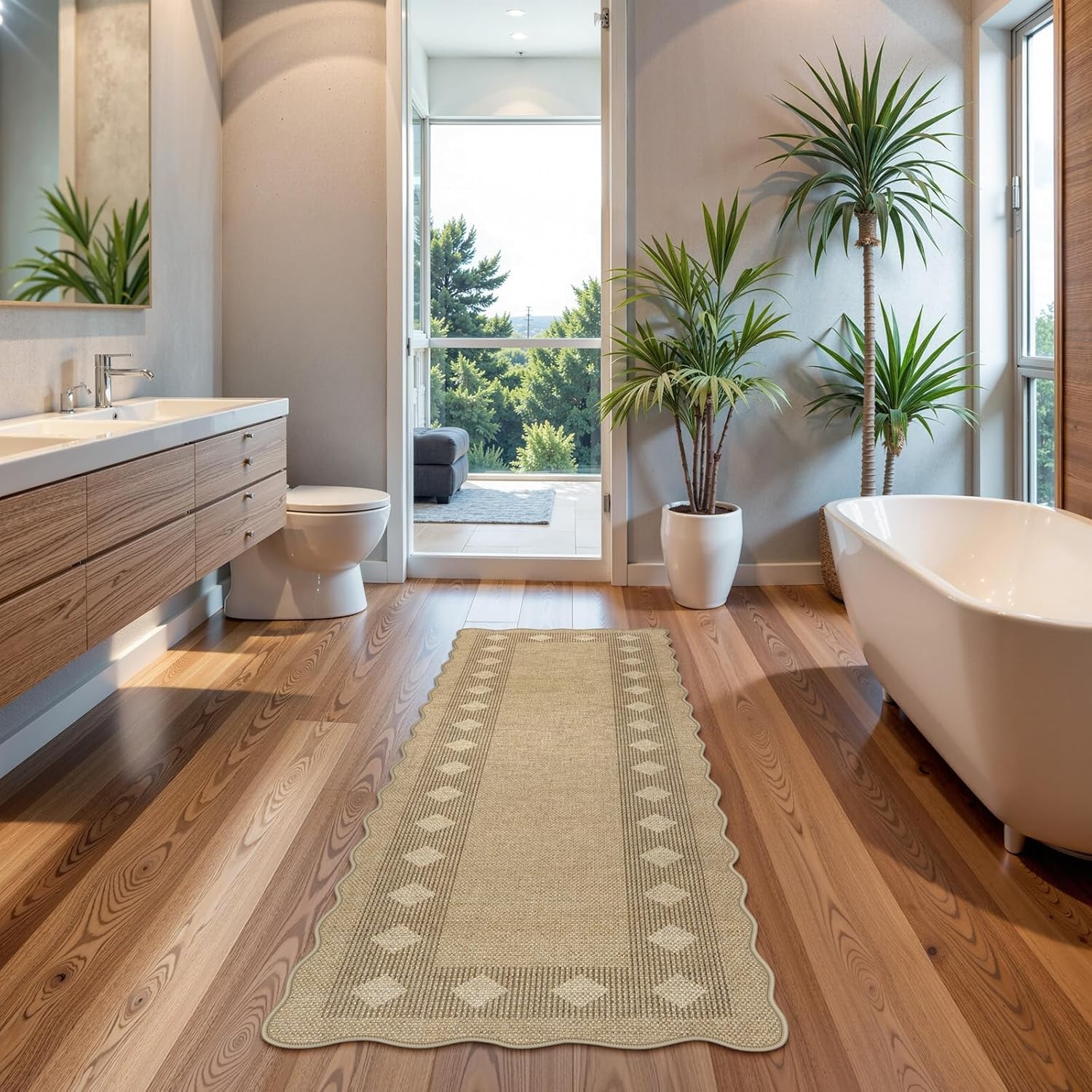 LIVEBOX Scalloped Easy Jute Diamond Rug for Kitchen, Washable 2x6 Runner Tan Rugs for Entryway, Geometric Checkered Indoor Outdoor Farmhouse Non Slip Rug Morden Carpet Mat Area Rug for Hallway - Image 3