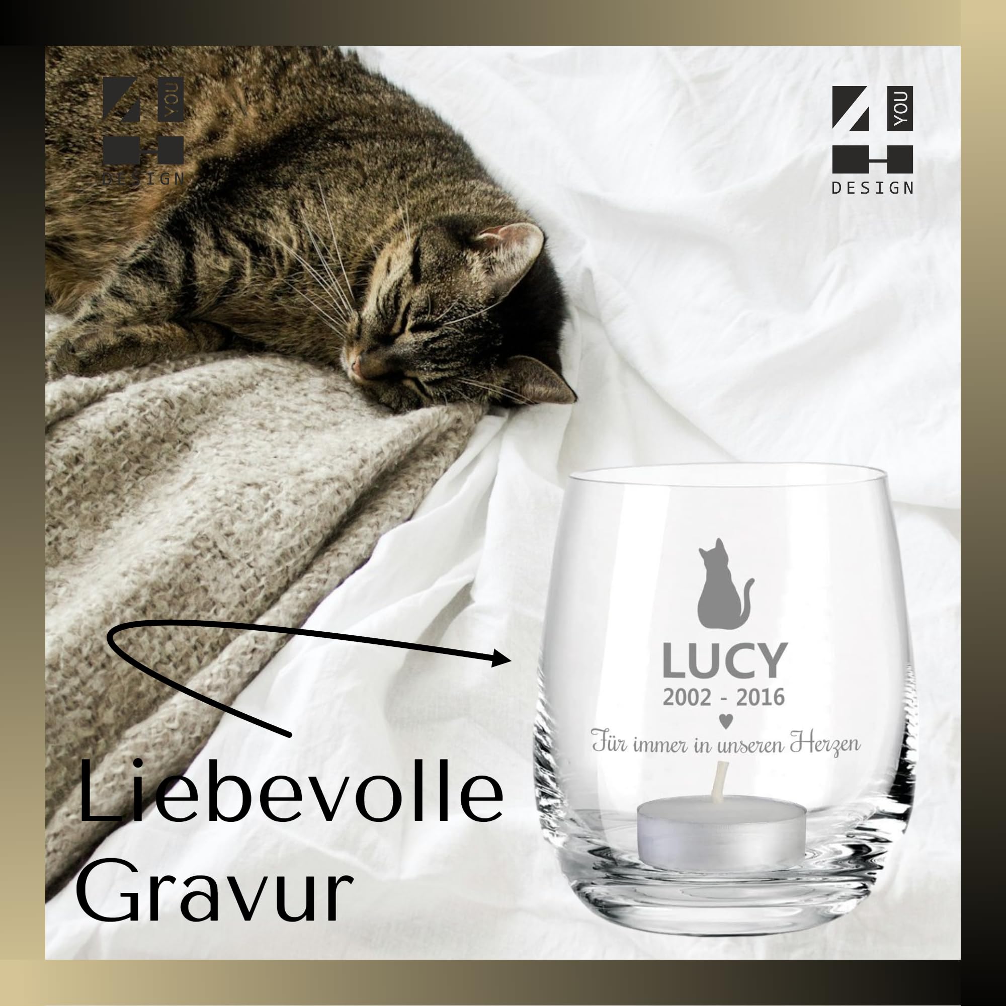 4you Design Trauerlicht Katze personalisiert mit Name & Datum – Trauer Geschenk für Katzenliebhaber – Kerze als Andenken zur Urne – Andenken an den Liebling