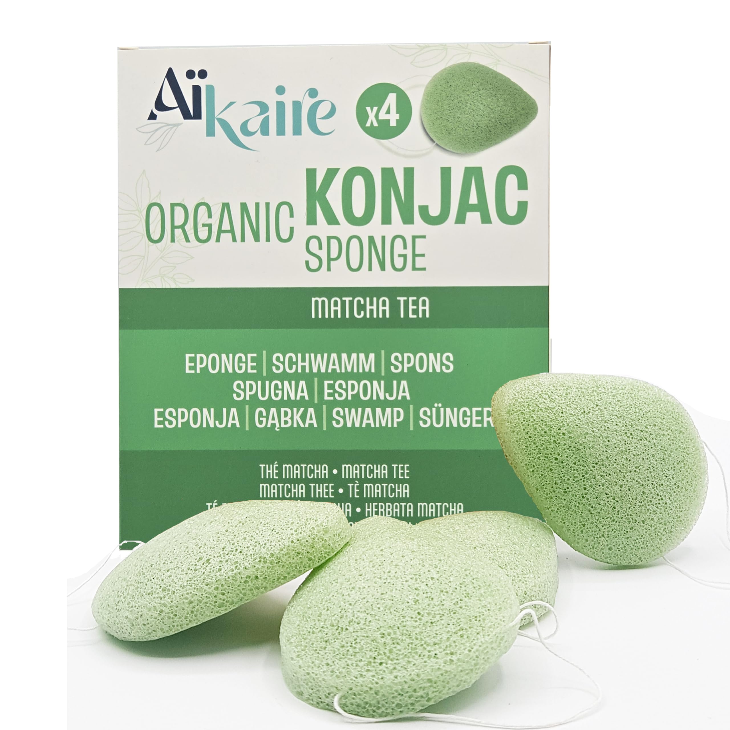 Organiczna gąbka Konjac do twarzy kojarzona z zieloną herbatą | Zestaw 4 gąbek w kształcie kropli | Naturalna oczyszczająca gąbka warzywna