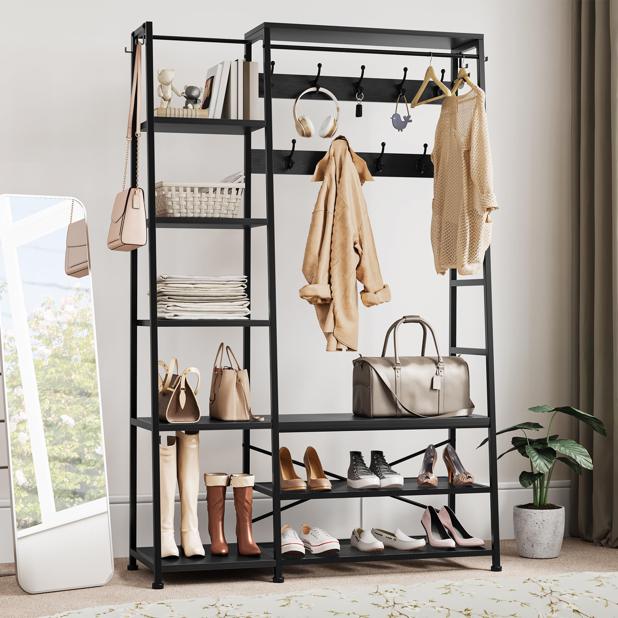 YITAHOME Coat Rack Stand with Shoe Storage, Floorstanding Hall Tree with Bench Industrial Coat Rack with 9 Hooks and 5 Shelves Clothes Rail for Bedroom Living Room Hallway Entryway, Black