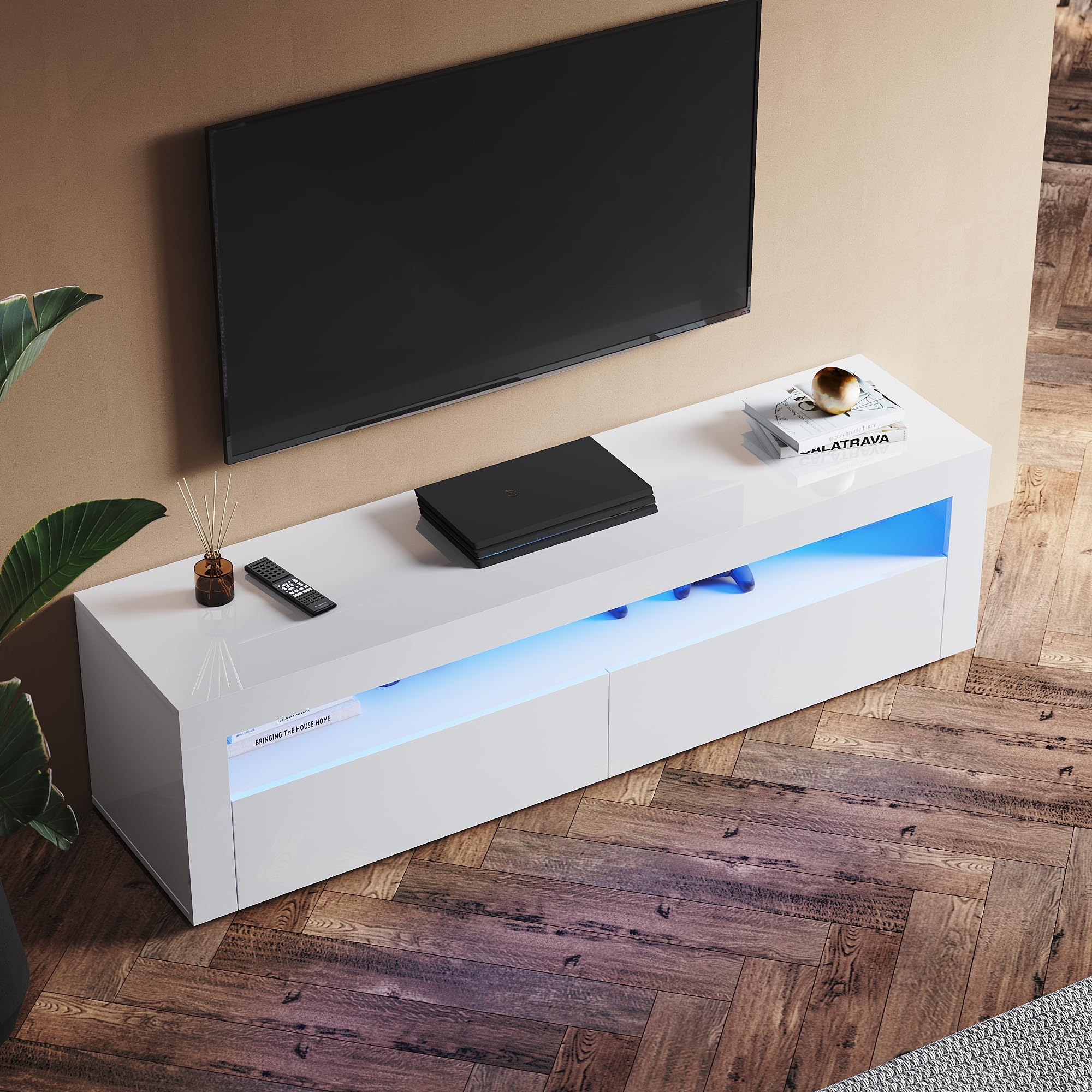 Mobile TV bianco lucido, 160 cm, con illuminazione a LED, 160 x 40 x 45 cm (larghezza x profondità x altezza), per soggiorno, moderno, mobile in legno