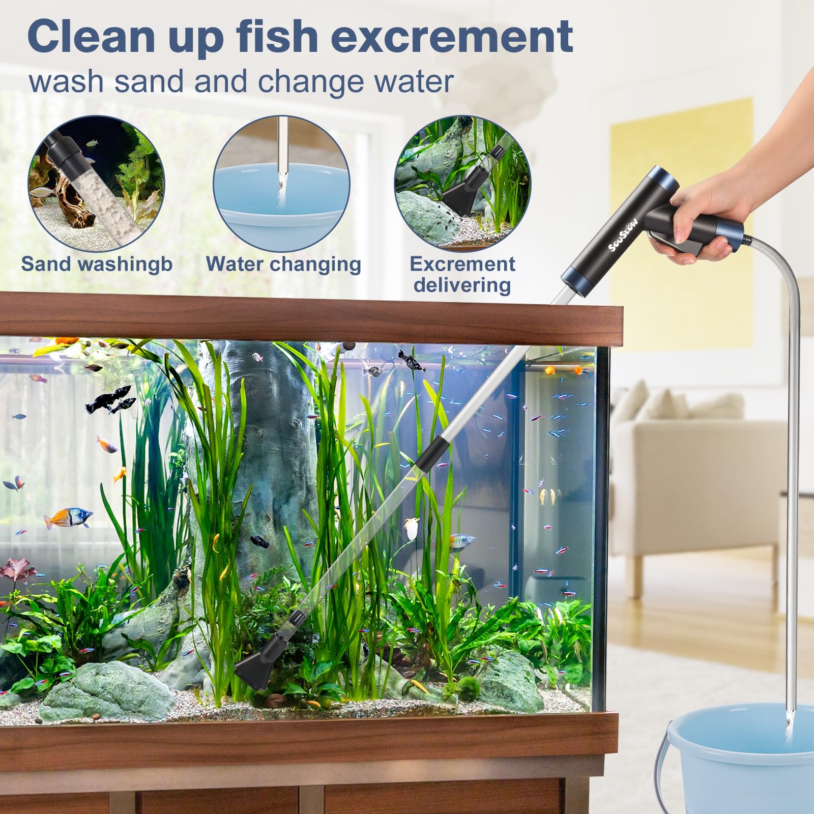 Cambio d'Acqua per Acquario, Detergente per Ghiaia per acquari Kit, vestito per il cambio dell'acqua dell'acquario e la pulizia della sabbia dell'acquario, rimuovere lo sporco.