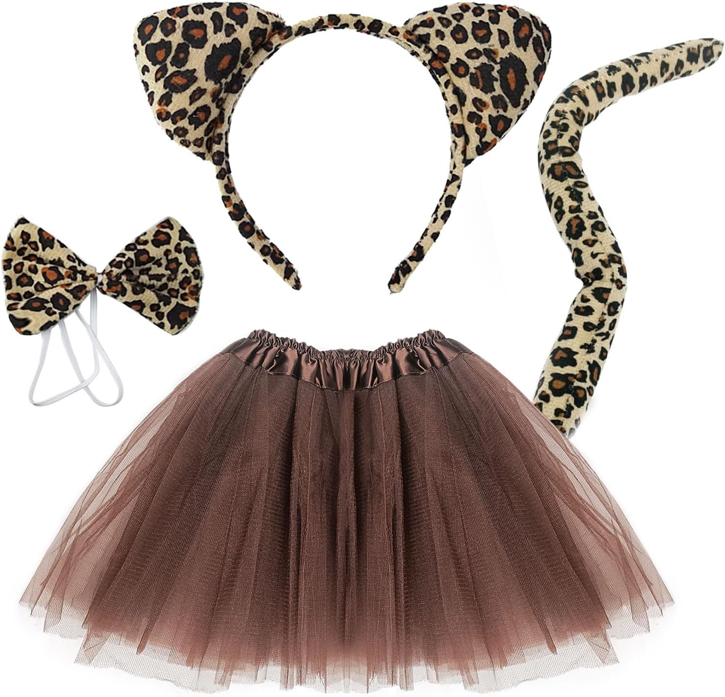 4 Pcs leopard ears headband Set Include Animal Tutu Skirt Costume Ears Tail Bow Tie for Toddler Kids Halloween Fancy Dress Up Birthday Costume Accessories
